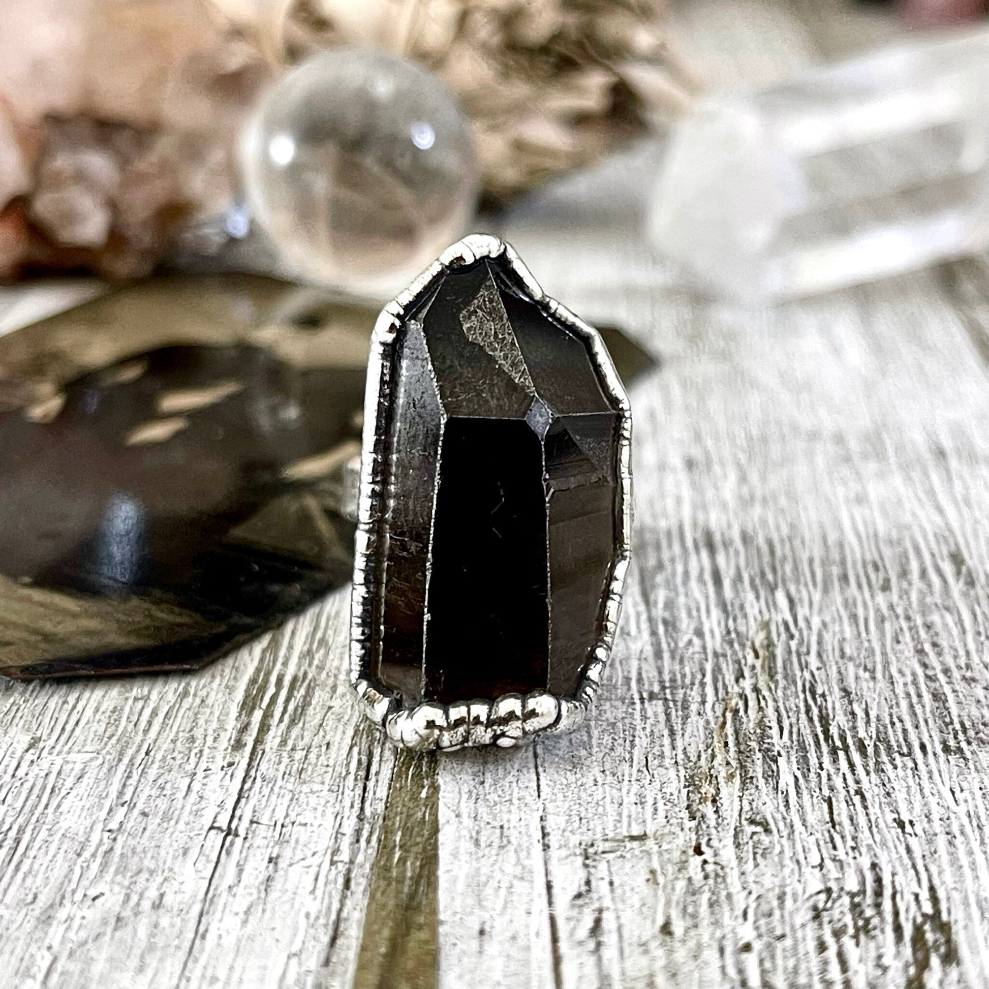 Size 7.5 Raw Smoky Quartz Crystal Cluster Ring Set in Fine Silver / Foxlark Collection - One of a Kind - Foxlark Crystal Jewelry