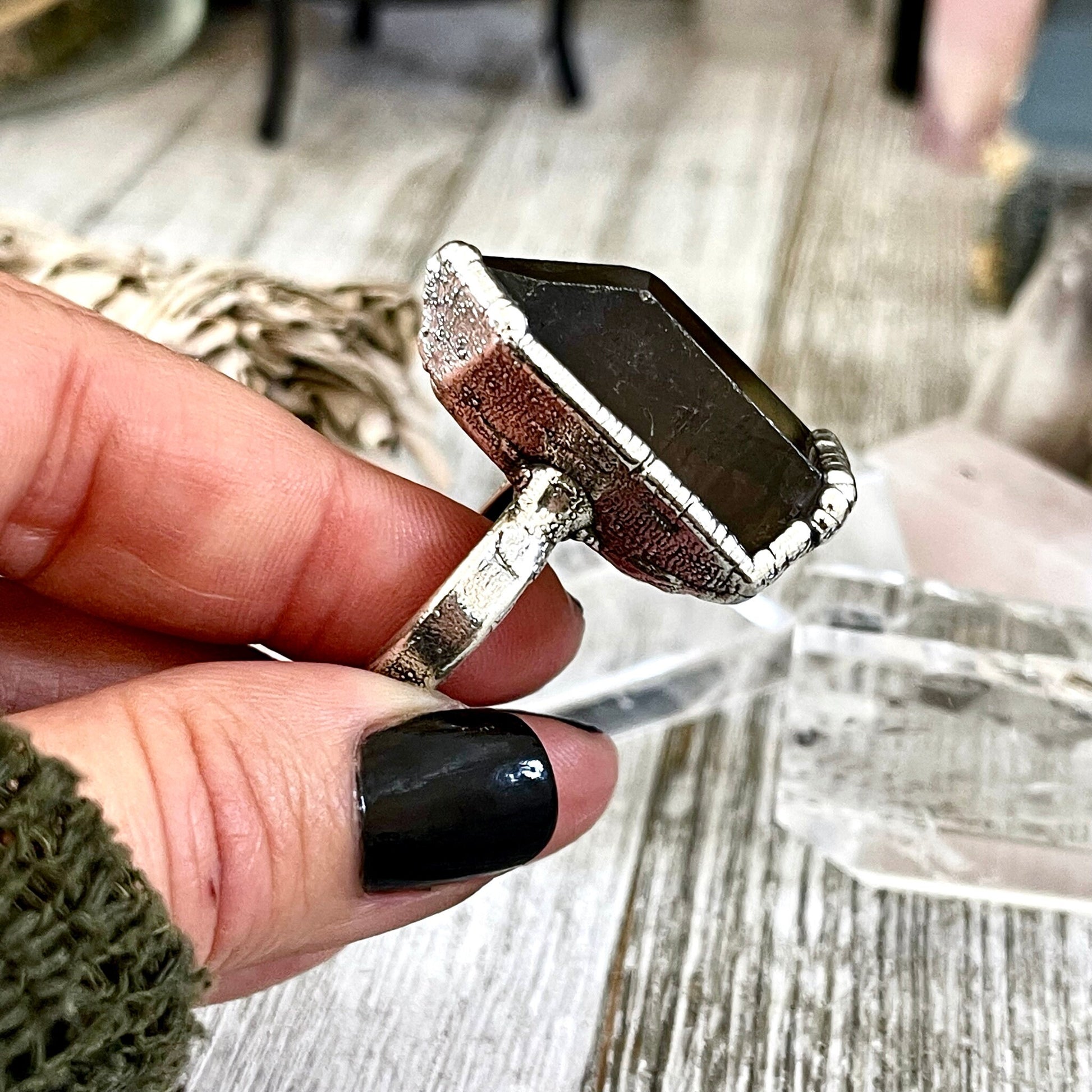 Size 7.5 Raw Smoky Quartz Crystal Cluster Ring Set in Fine Silver / Foxlark Collection - One of a Kind - Foxlark Crystal Jewelry