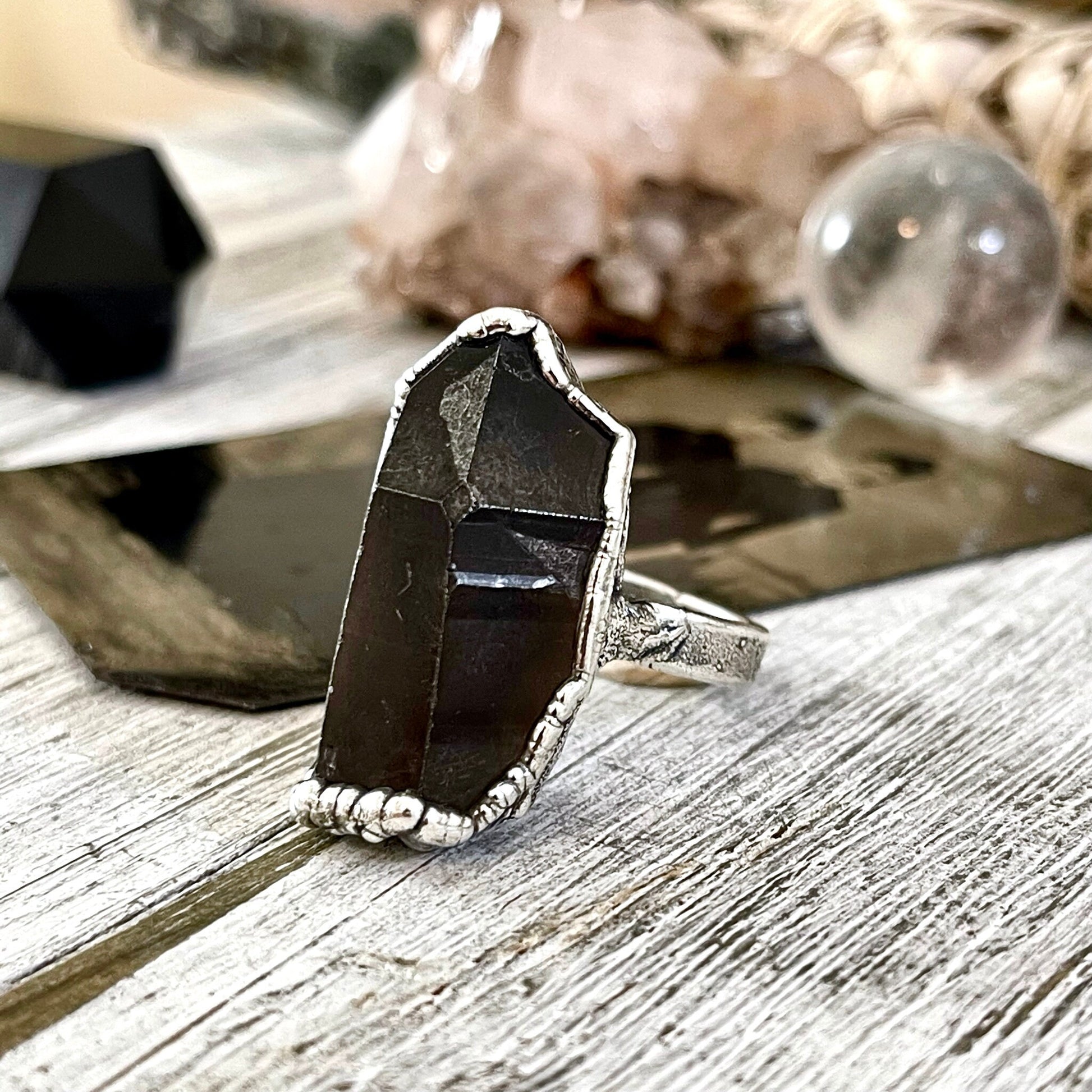 Size 7.5 Raw Smoky Quartz Crystal Cluster Ring Set in Fine Silver / Foxlark Collection - One of a Kind - Foxlark Crystal Jewelry
