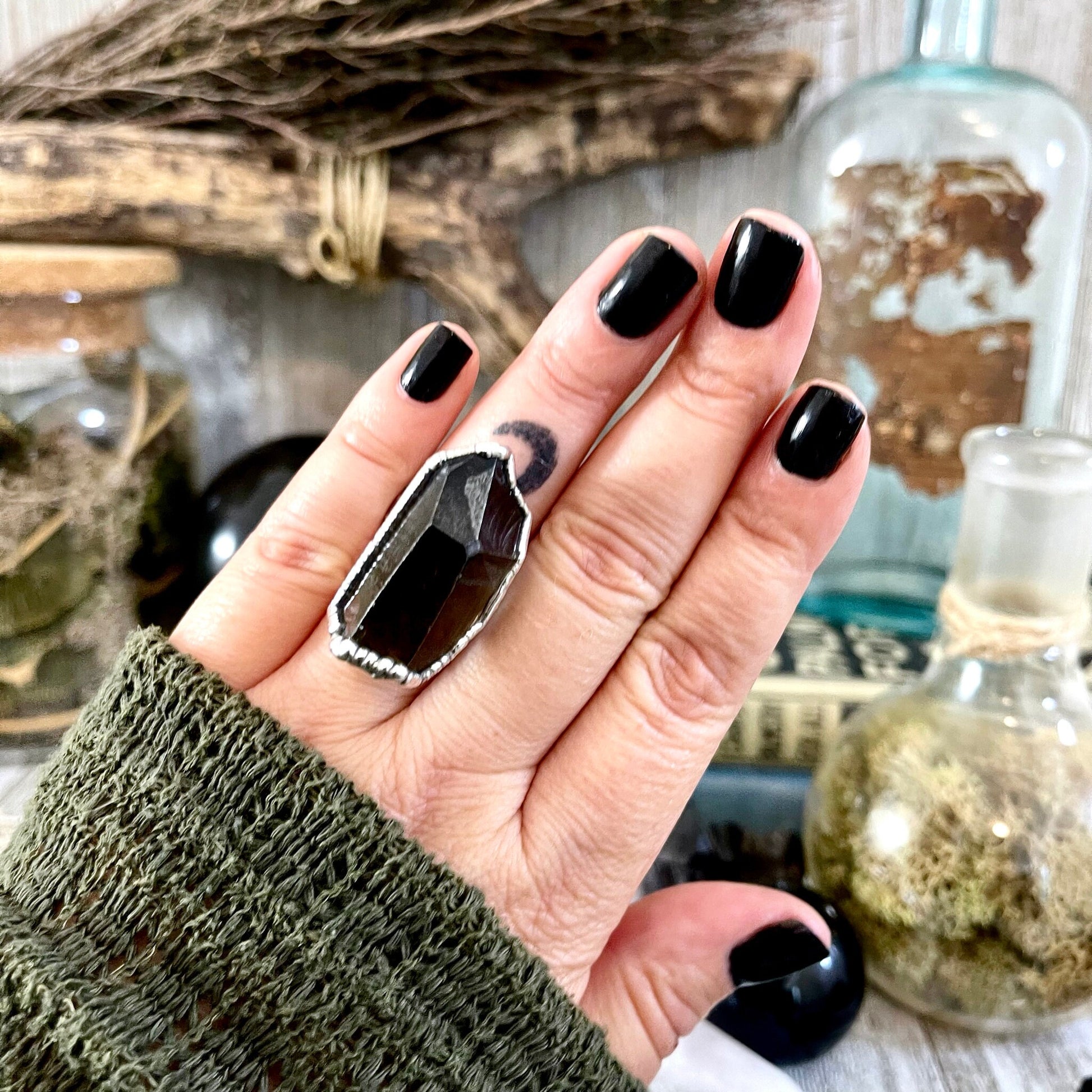 Size 7.5 Raw Smoky Quartz Crystal Cluster Ring Set in Fine Silver / Foxlark Collection - One of a Kind - Foxlark Crystal Jewelry