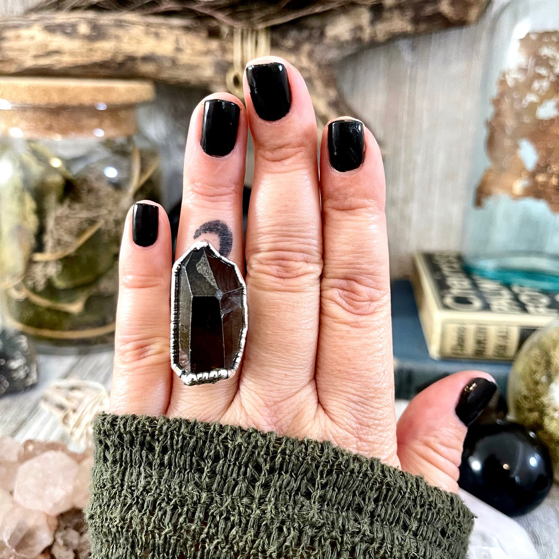 Size 7.5 Raw Smoky Quartz Crystal Cluster Ring Set in Fine Silver / Foxlark Collection - One of a Kind - Foxlark Crystal Jewelry