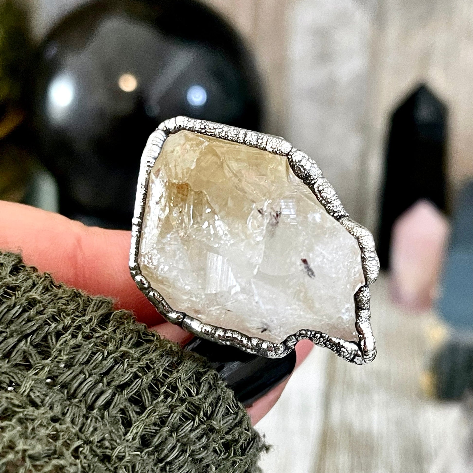 Size 8 Raw Citrine Crystal Point Ring Set in Fine Silver  / Foxlark Collection - One of a Kind.