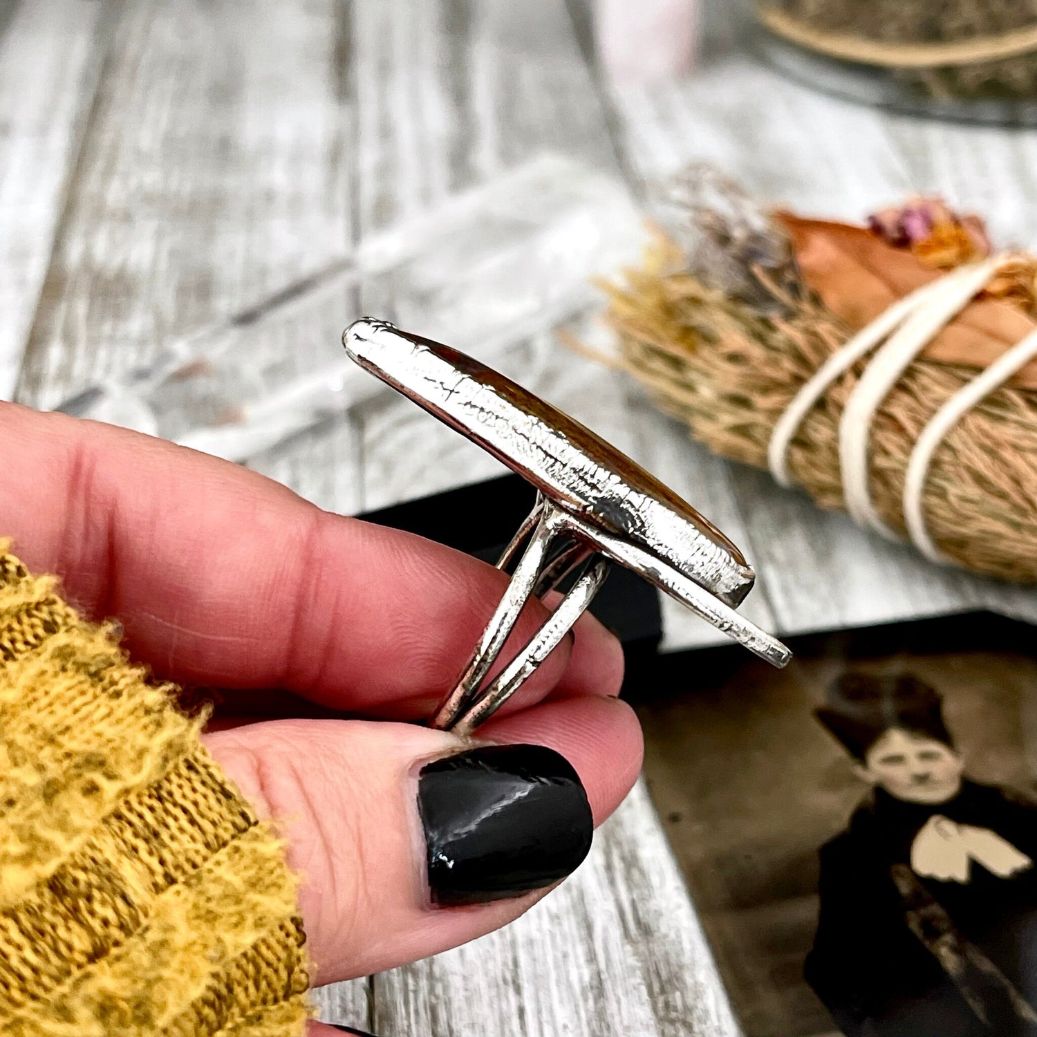 Size 9.5 Silver Natural Fancy Moss Agate Crystal Statement Ring / Foxlark Collection - One of a Kind