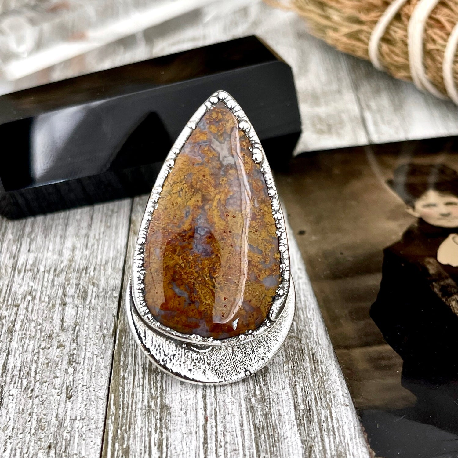Size 9.5 Silver Natural Fancy Moss Agate Crystal Statement Ring / Foxlark Collection - One of a Kind