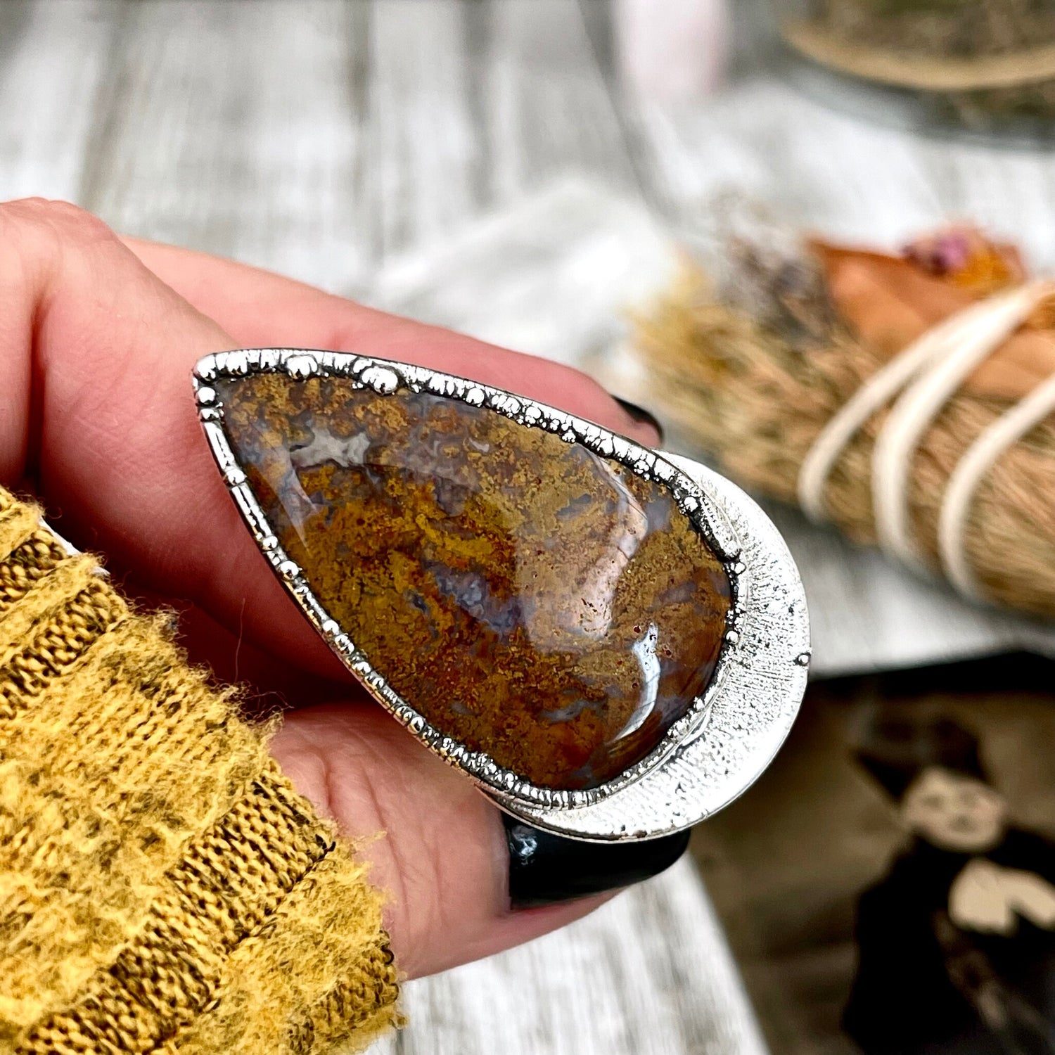 Size 9.5 Silver Natural Fancy Moss Agate Crystal Statement Ring / Foxlark Collection - One of a Kind
