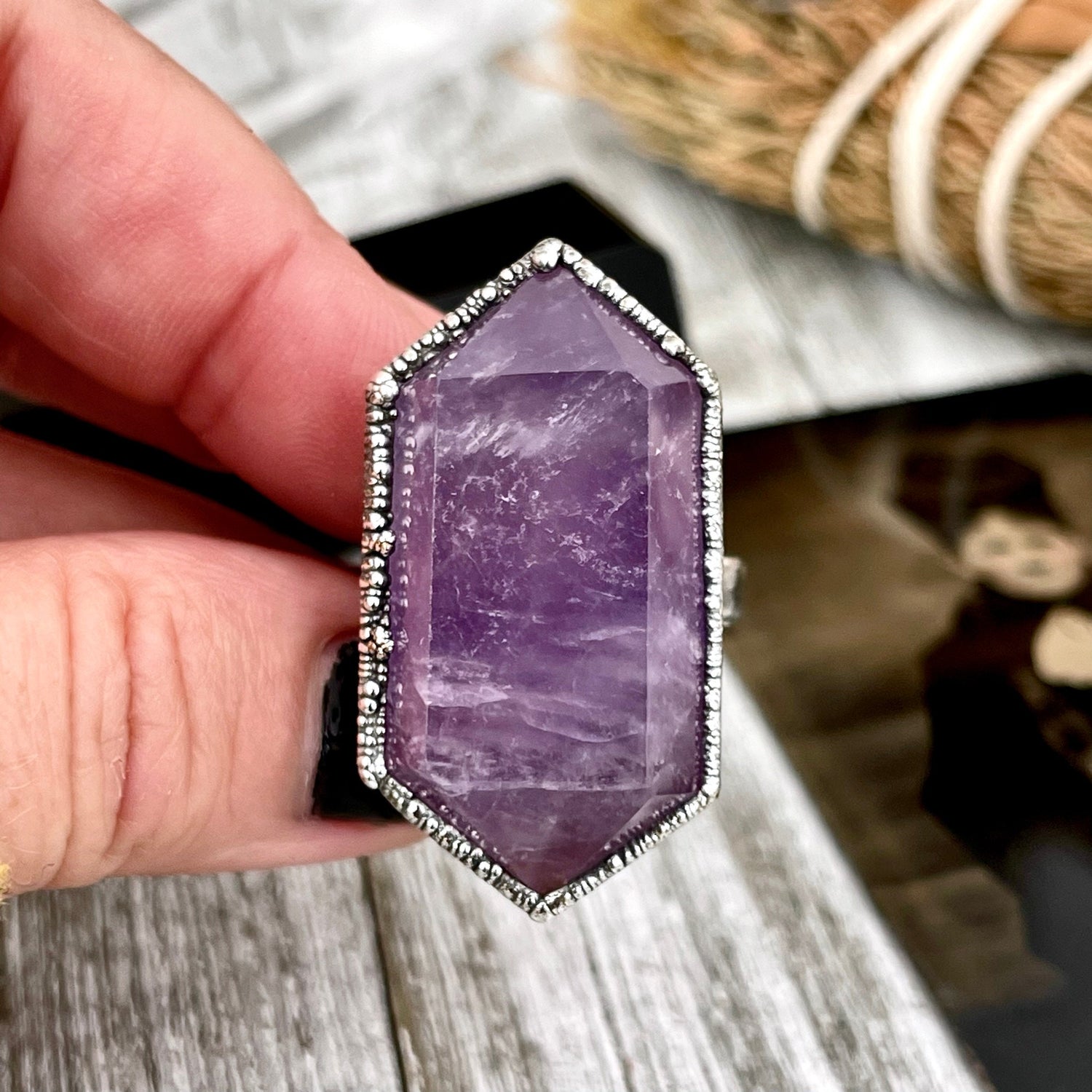 Size 8.5 Amethyst Point Ring Set in Fine Silver / Foxlark Collection - One of a Kind