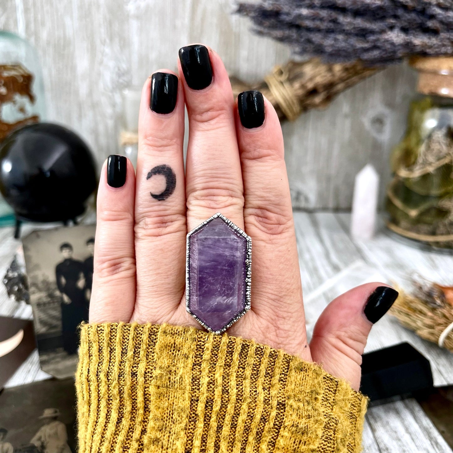 Size 8.5 Amethyst Point Ring Set in Fine Silver / Foxlark Collection - One of a Kind.