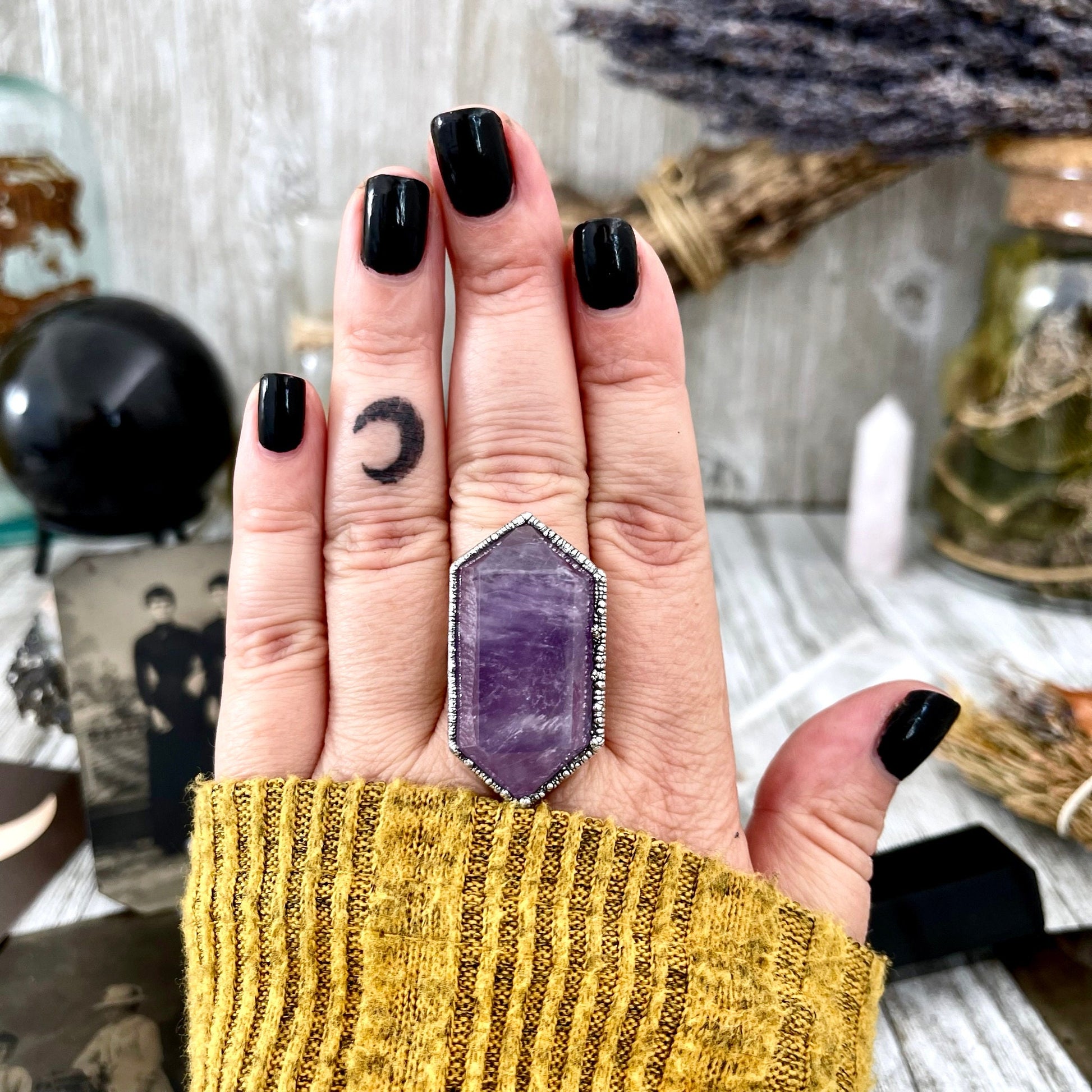 Size 8.5 Amethyst Point Ring Set in Fine Silver / Foxlark Collection - One of a Kind.