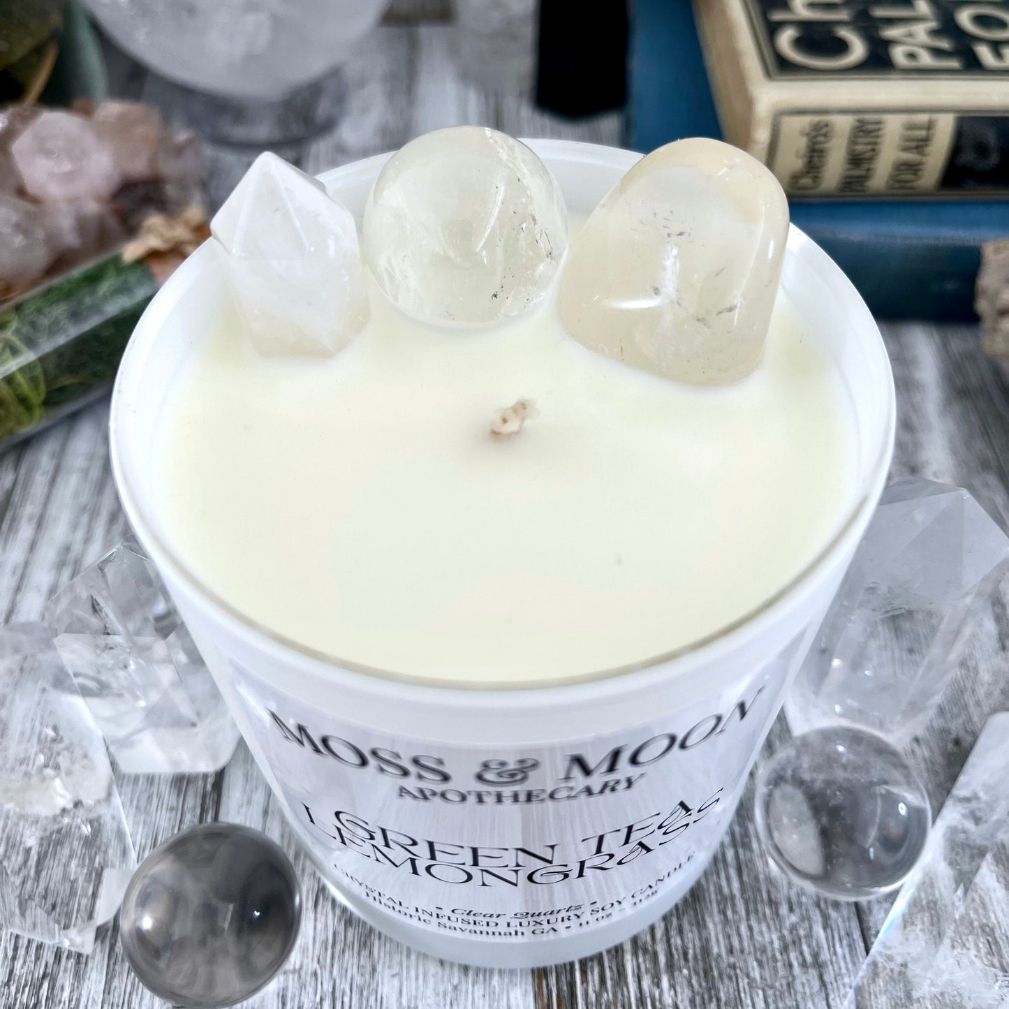 aromatherapy candle, Candles, Candles & Holders, clear quartz, Container Candles, crystal candle, Crystal Candles, crystal healing, eco-friendly candle, Etsy ID: 1480261705, Green Tea candle, handmade candle, Home & Living, Home Decor, Lemongrass Candle,