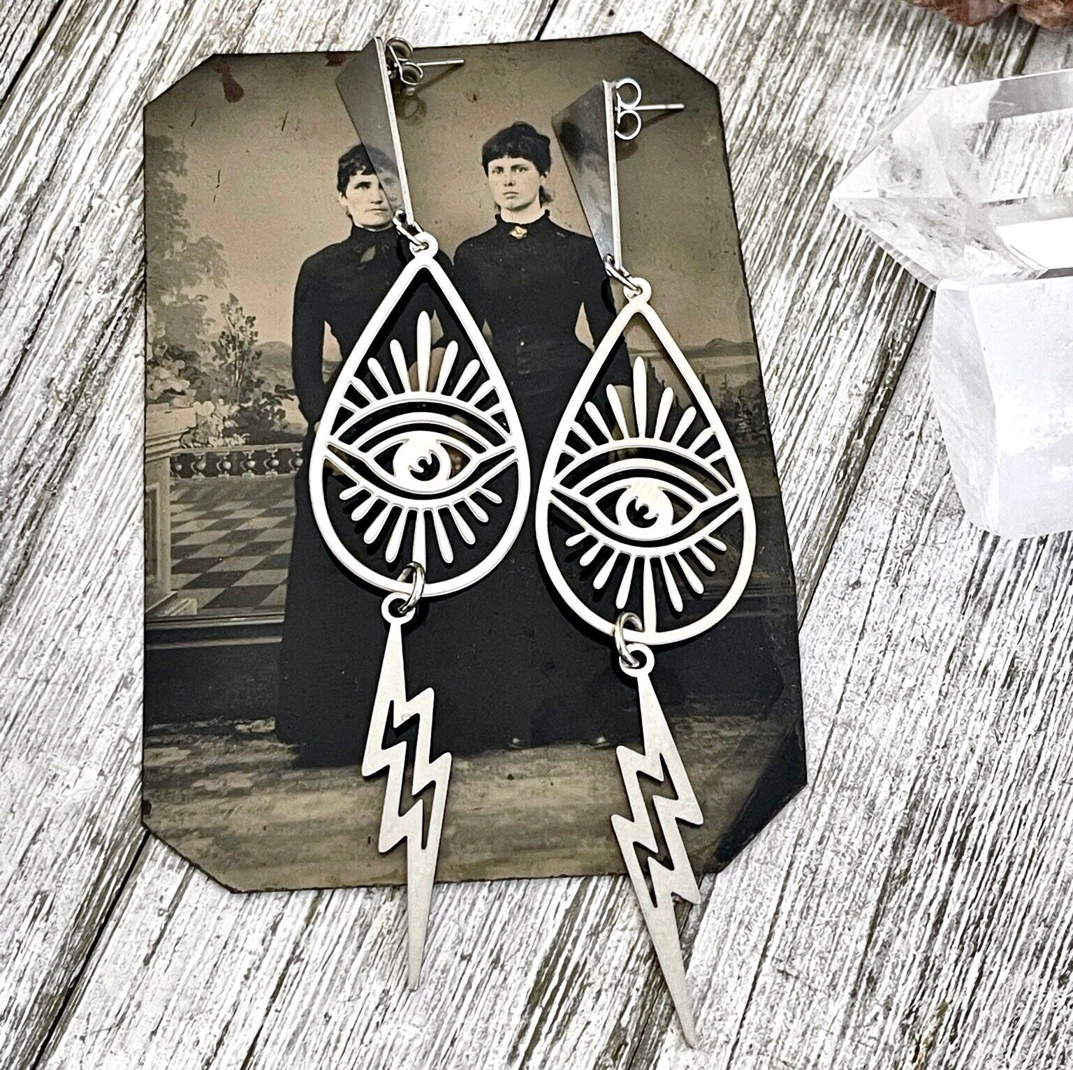 Triangular Teardrop Eye and Lightning Bolt Earrings in Stainless Steel / Hypoallergenic Geometric Eye Earring.