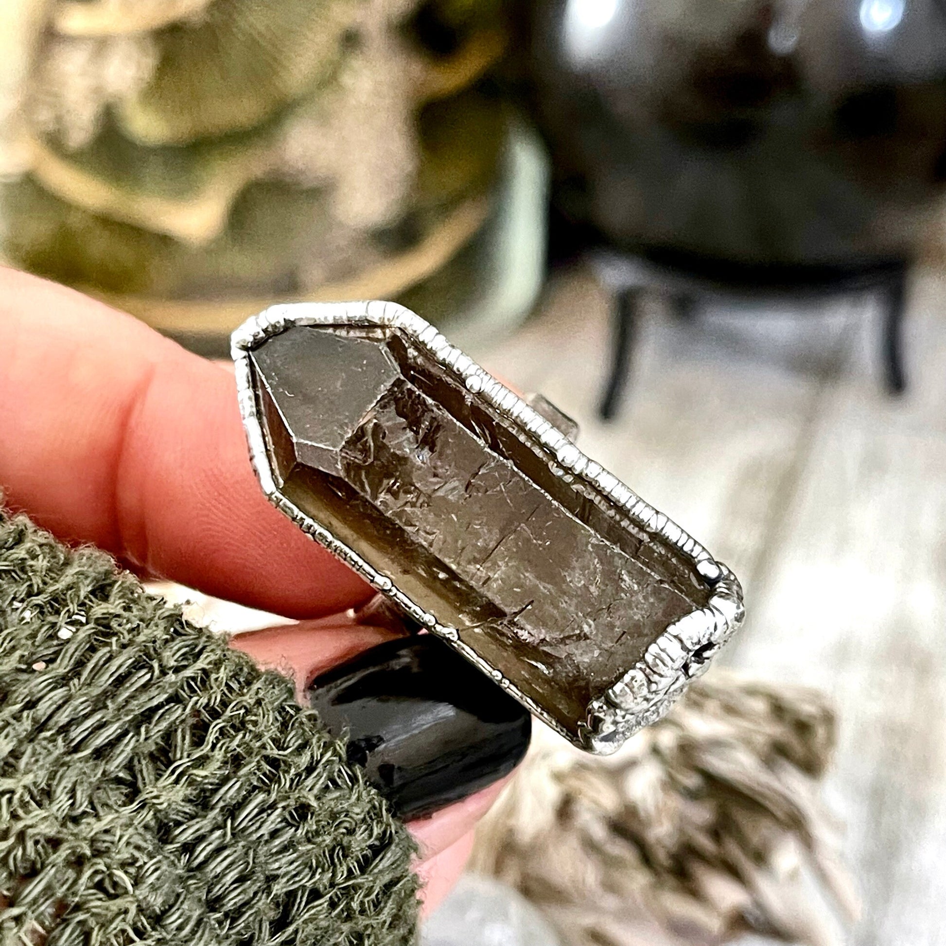 Size 7.5 Raw Smoky Quartz Crystal Cluster Ring Set in Fine Silver / Foxlark Collection - One of a Kind - Foxlark Crystal Jewelry
