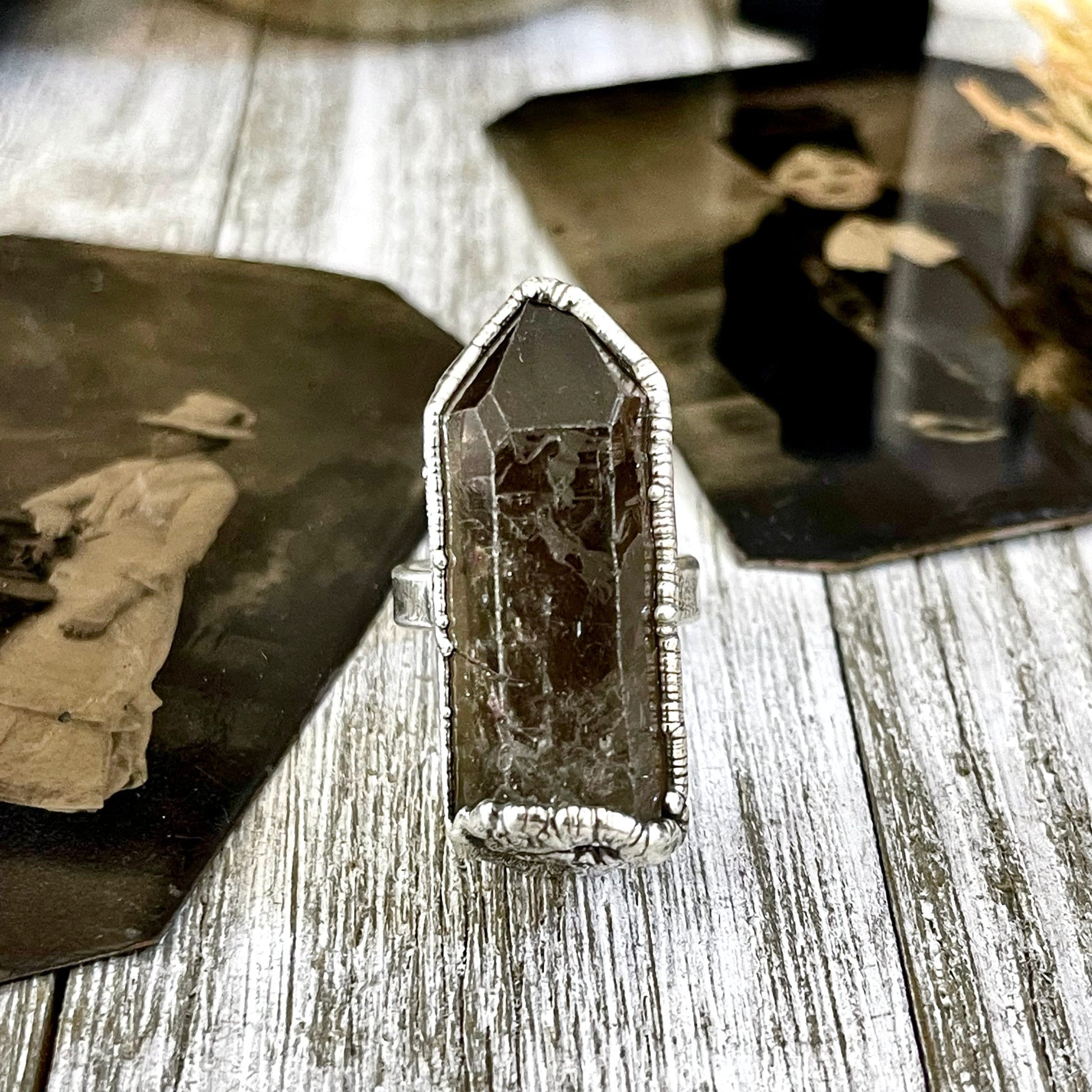 Size 7.5 Raw Smoky Quartz Crystal Cluster Ring Set in Fine Silver / Foxlark Collection - One of a Kind - Foxlark Crystal Jewelry
