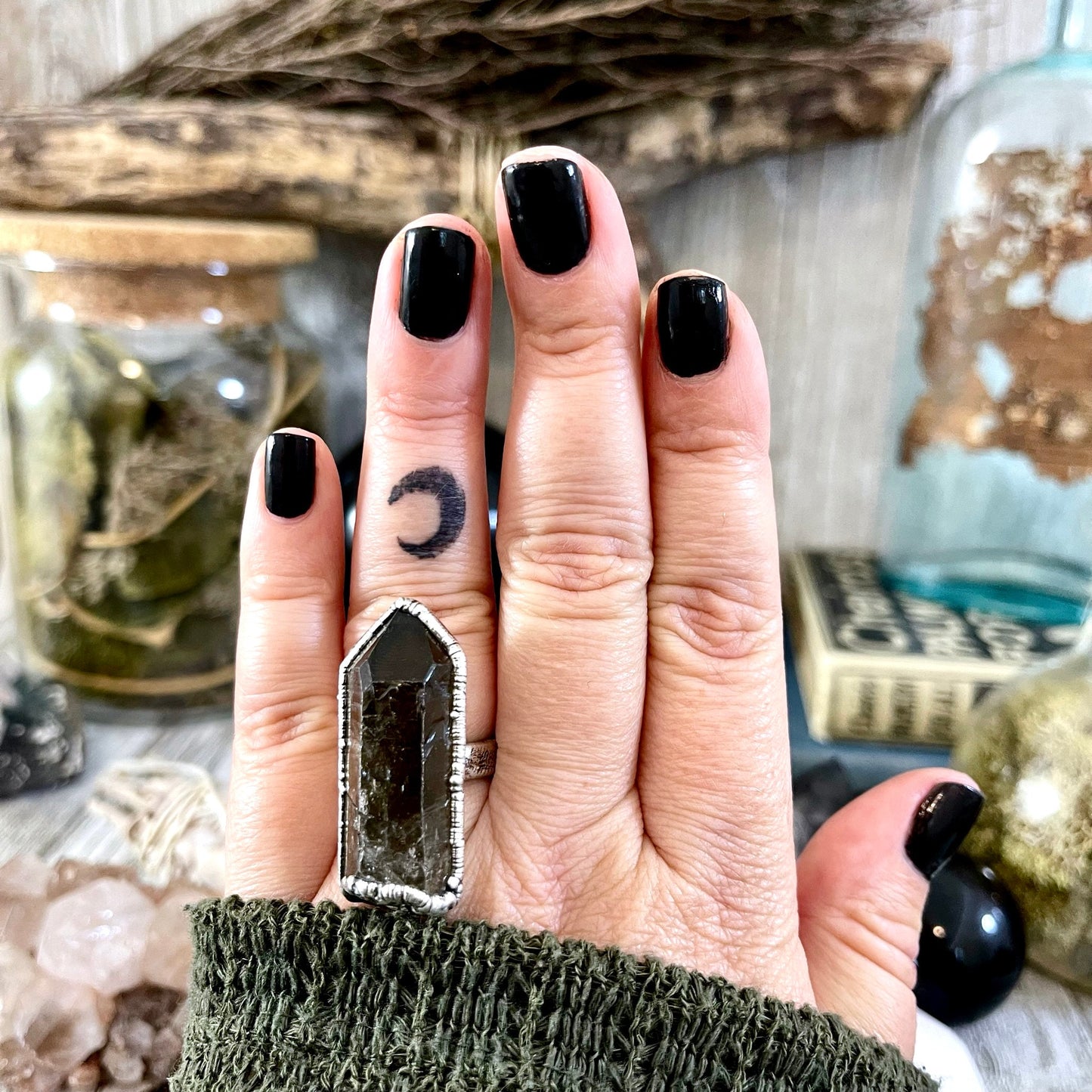 Size 7.5 Raw Smoky Quartz Crystal Cluster Ring Set in Fine Silver / Foxlark Collection - One of a Kind - Foxlark Crystal Jewelry