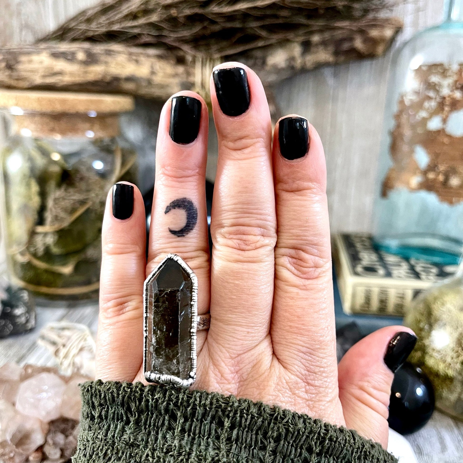 Size 7.5 Raw Smoky Quartz Crystal Cluster Ring Set in Fine Silver / Foxlark Collection - One of a Kind - Foxlark Crystal Jewelry