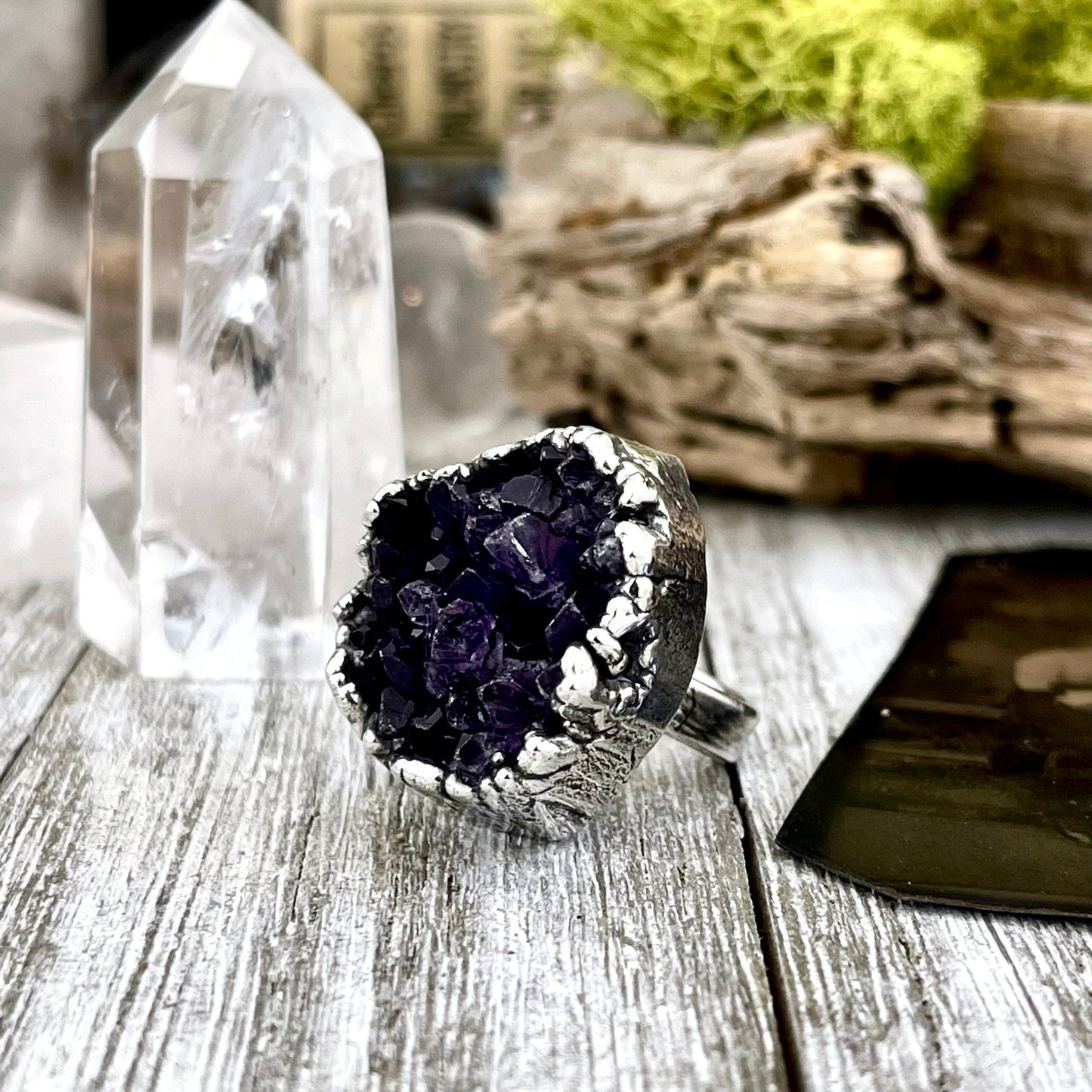 Size 6.5 Big Raw Amethyst Purple Crystal Cluster Ring in Fine Silver / Foxlark Collection - One of a Kind
