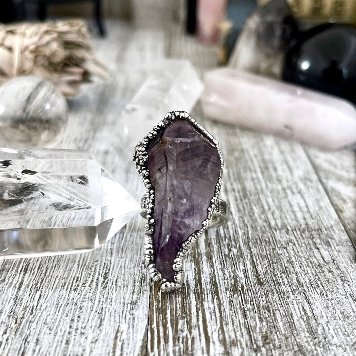 Size 7.5 Big Raw Amethyst Purple Crystal Ring in Fine Silver / Foxlark Collection - One of a Kind - Foxlark Crystal Jewelry