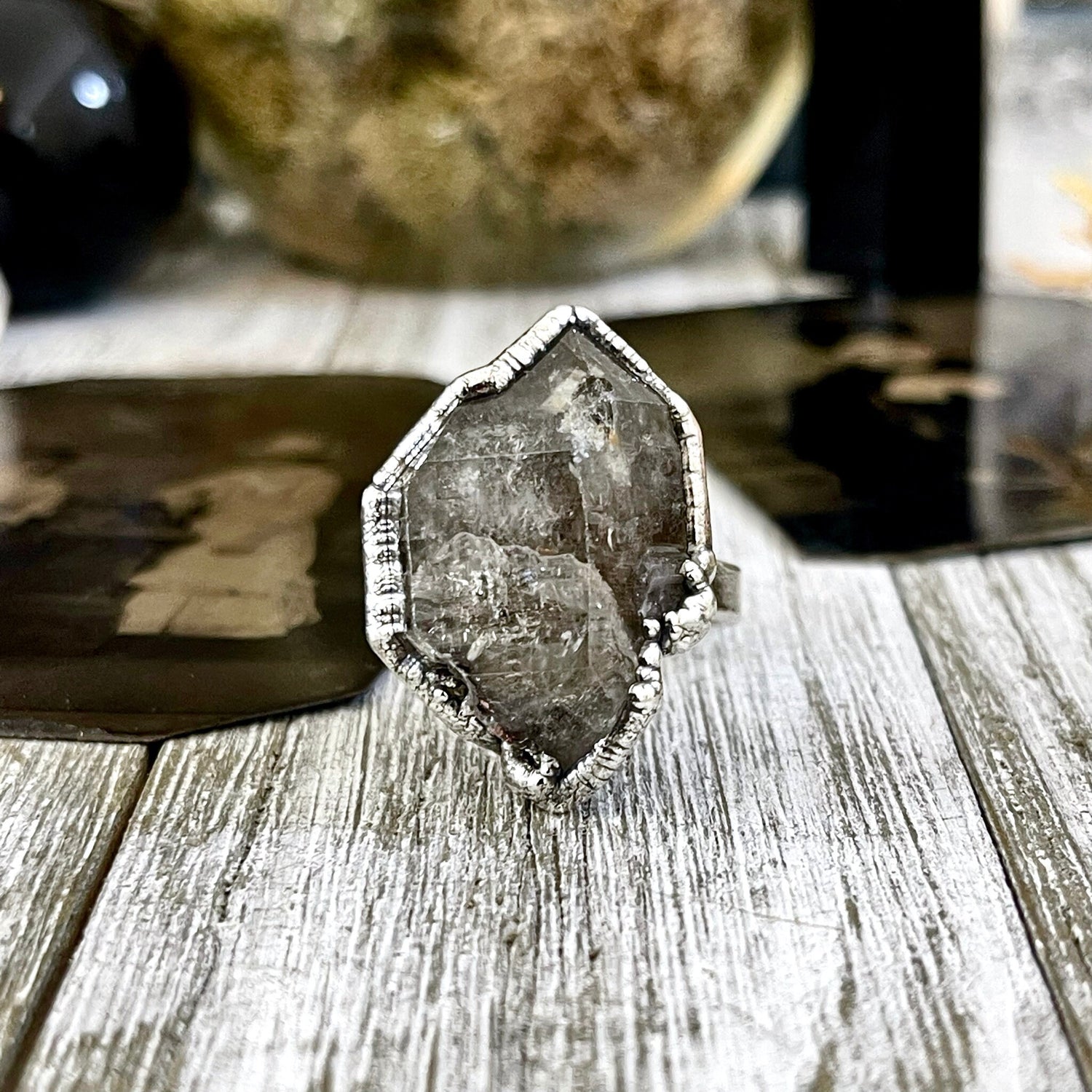 Size 7 Raw Herkimer Diamond Clear Quartz Crystal Cluster Ring Set in Fine Silver / Foxlark Collection - One of a Kind