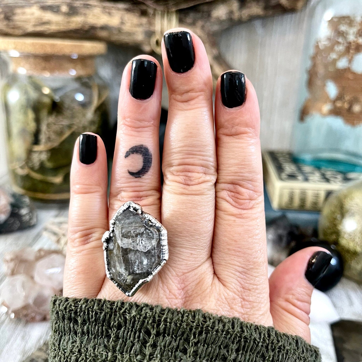 Size 7 Raw Herkimer Diamond Clear Quartz Crystal Cluster Ring Set in Fine Silver / Foxlark Collection - One of a Kind
