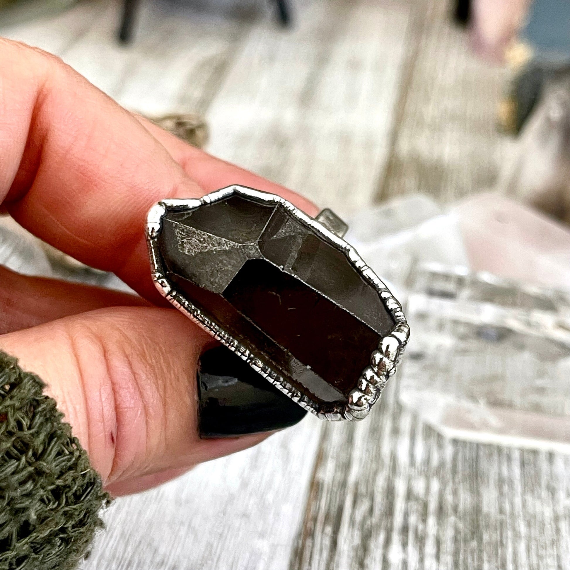 Size 7.5 Raw Smoky Quartz Crystal Cluster Ring Set in Fine Silver / Foxlark Collection - One of a Kind - Foxlark Crystal Jewelry