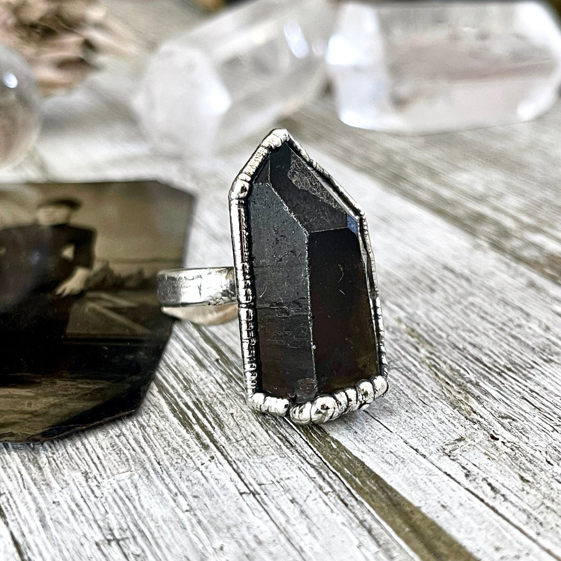 Size 7.5 Raw Smoky Quartz Crystal Cluster Ring Set in Fine Silver / Foxlark Collection - One of a Kind - Foxlark Crystal Jewelry