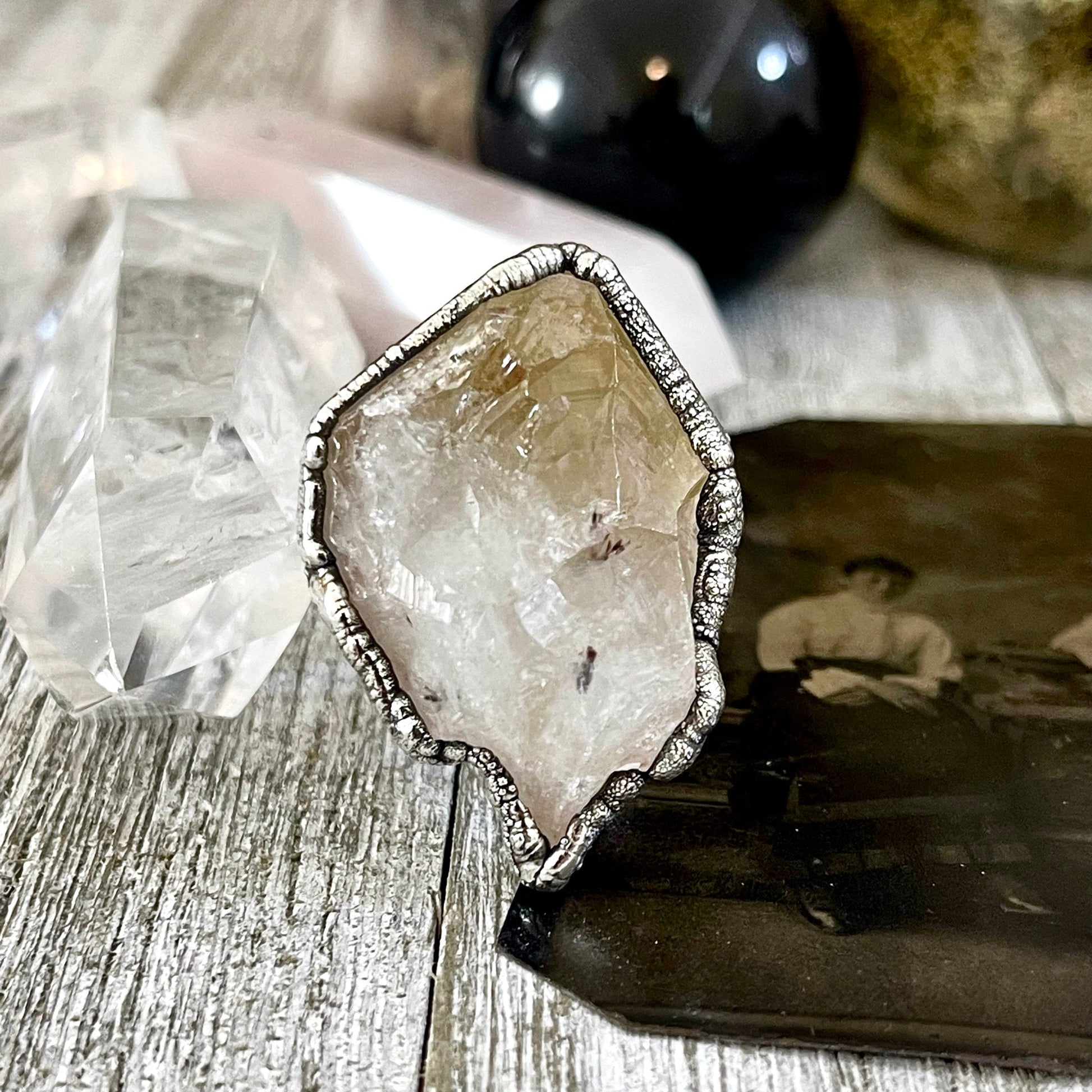 Size 8 Raw Citrine Crystal Point Ring Set in Fine Silver  / Foxlark Collection - One of a Kind.