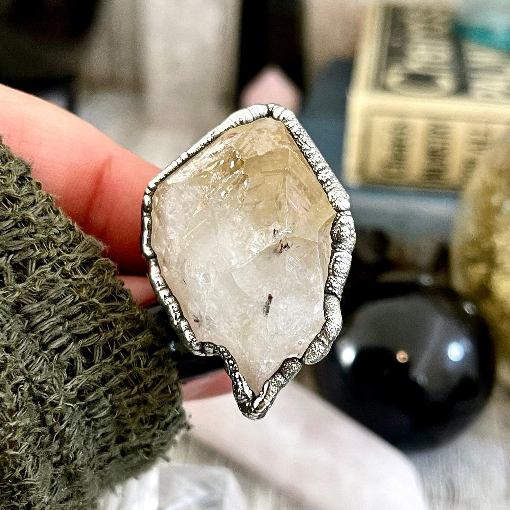 Size 8 Raw Citrine Crystal Point Ring Set in Fine Silver  / Foxlark Collection - One of a Kind.