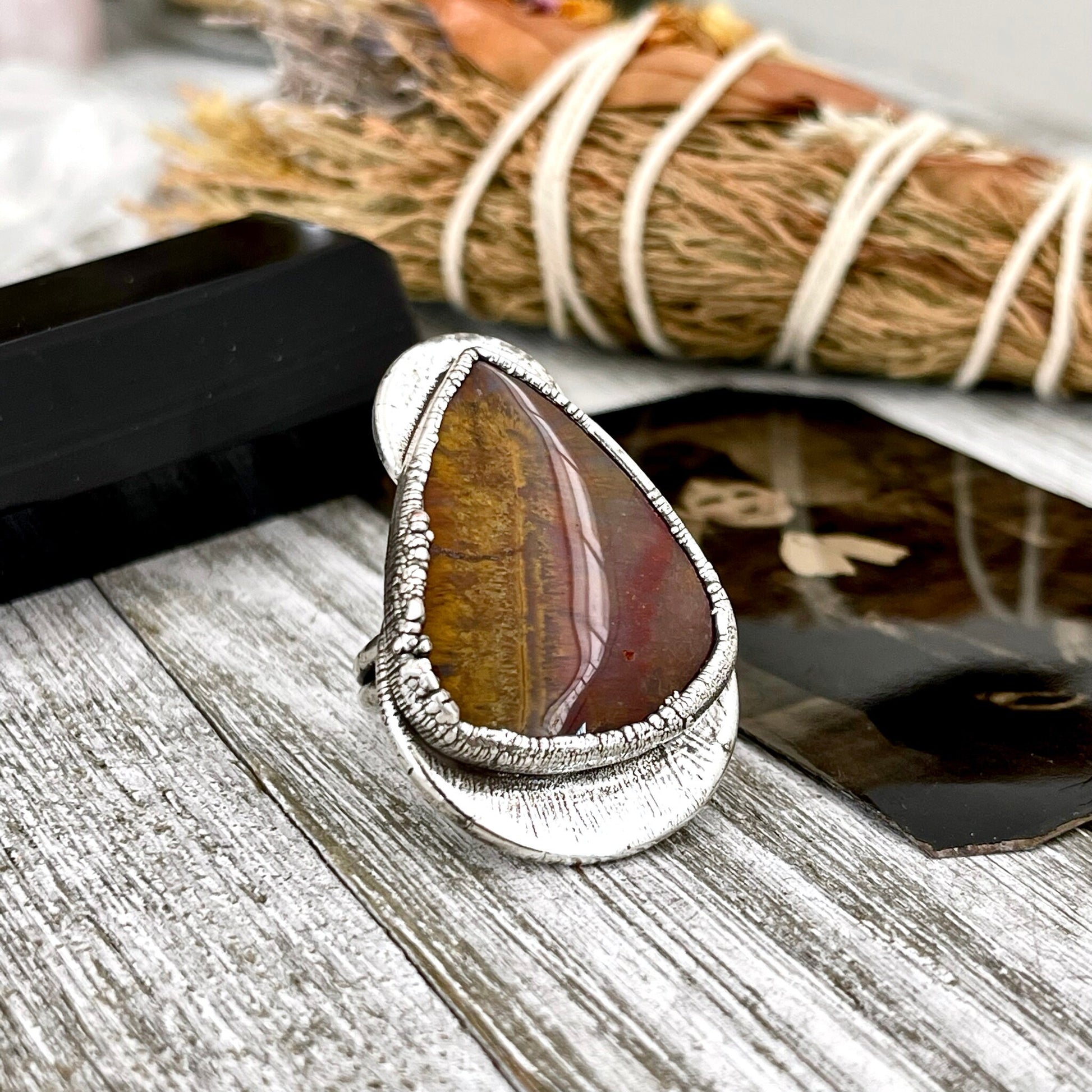 Size 7 Silver Natural Fancy Moss Agate Crystal Statement Ring / Foxlark Collection - One of a Kind.