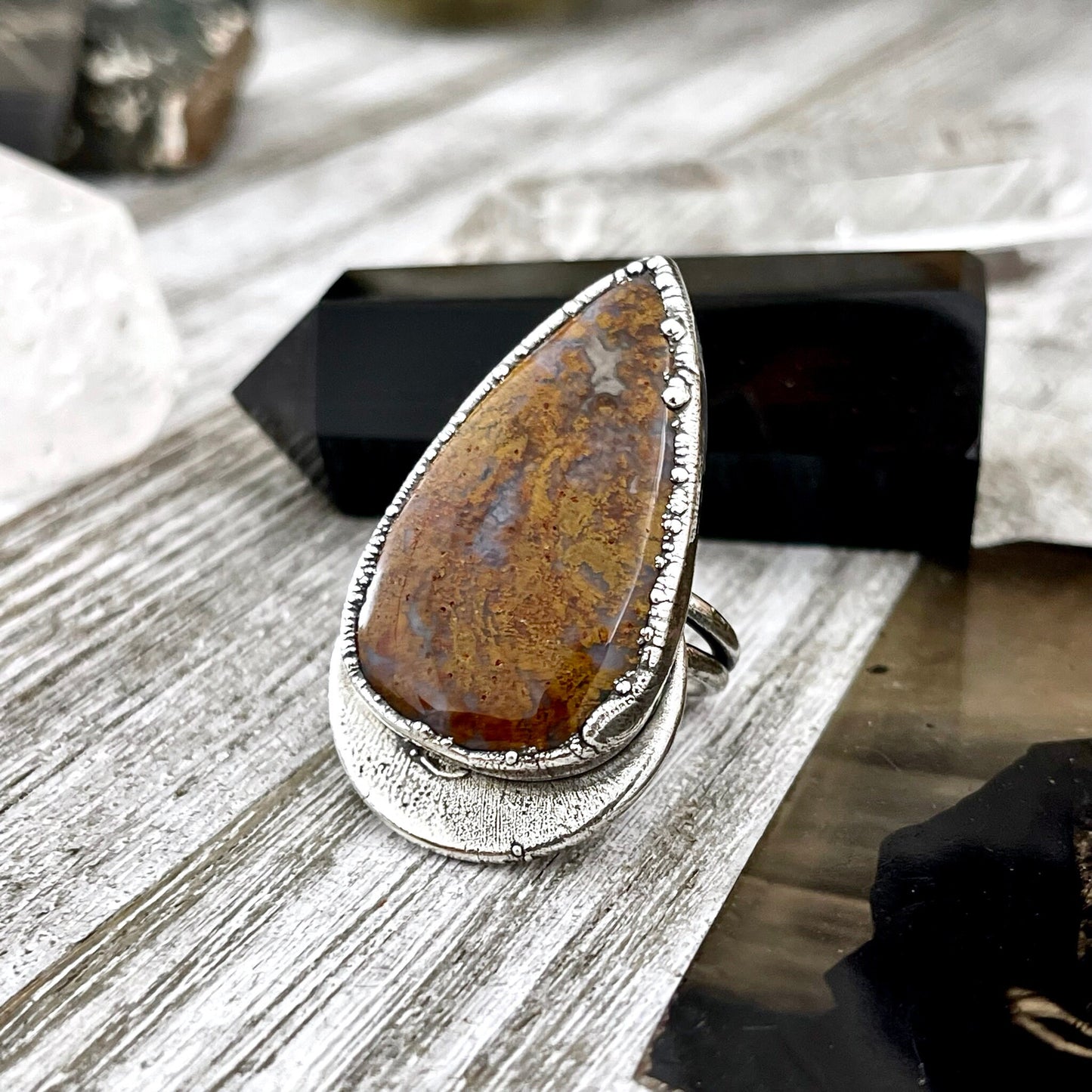 Size 9.5 Silver Natural Fancy Moss Agate Crystal Statement Ring / Foxlark Collection - One of a Kind