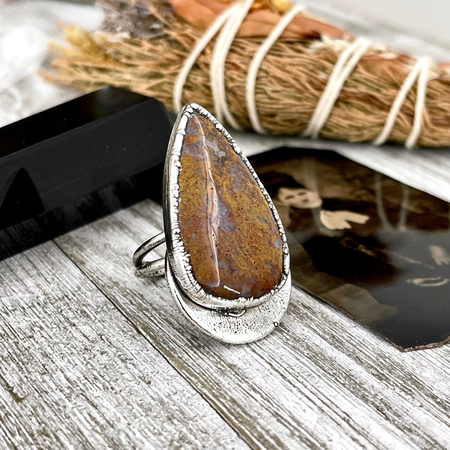 Size 9.5 Silver Natural Fancy Moss Agate Crystal Statement Ring / Foxlark Collection - One of a Kind