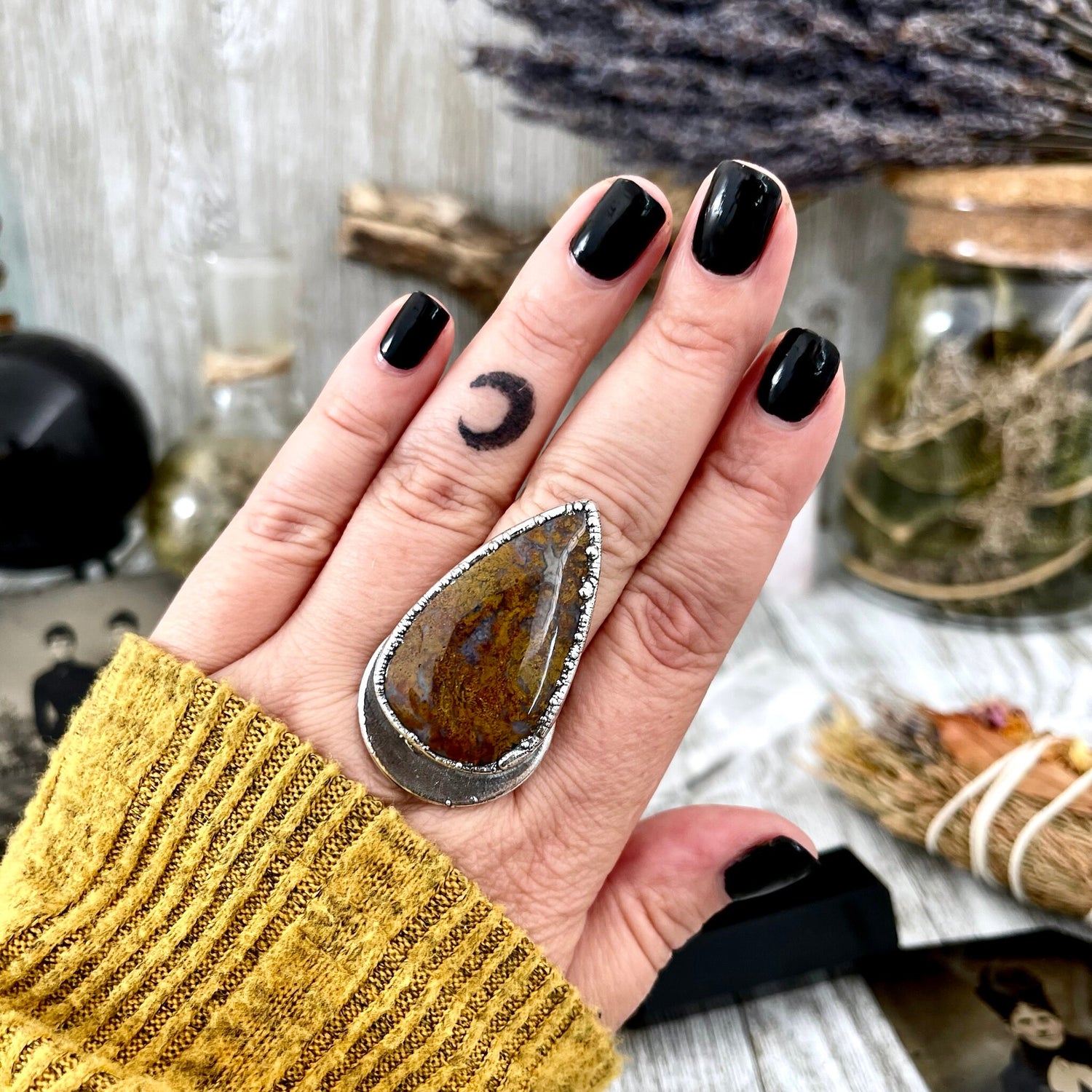 Size 9.5 Silver Natural Fancy Moss Agate Crystal Statement Ring / Foxlark Collection - One of a Kind