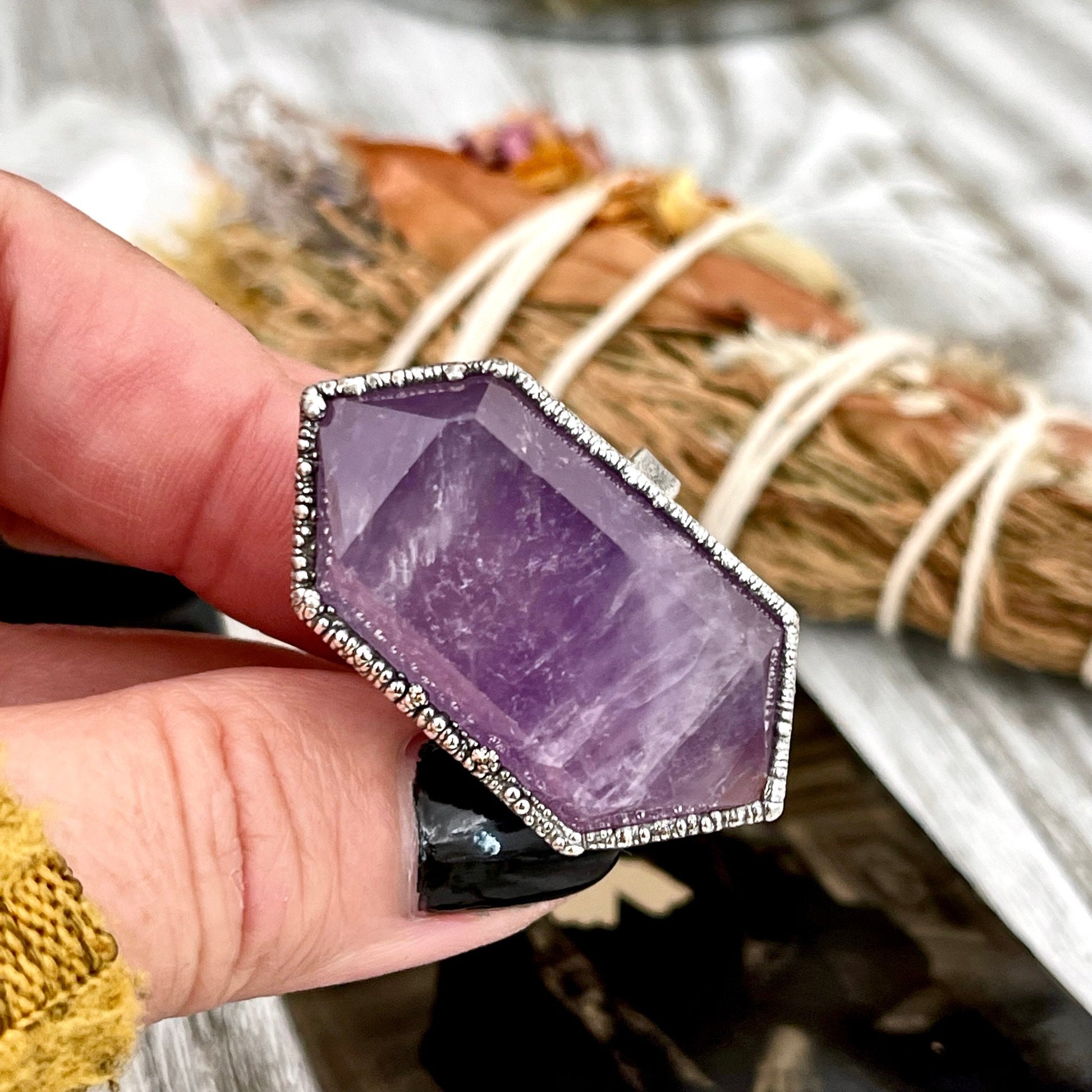 Size 8.5 Amethyst Point Ring Set in Fine Silver / Foxlark Collection - One of a Kind.