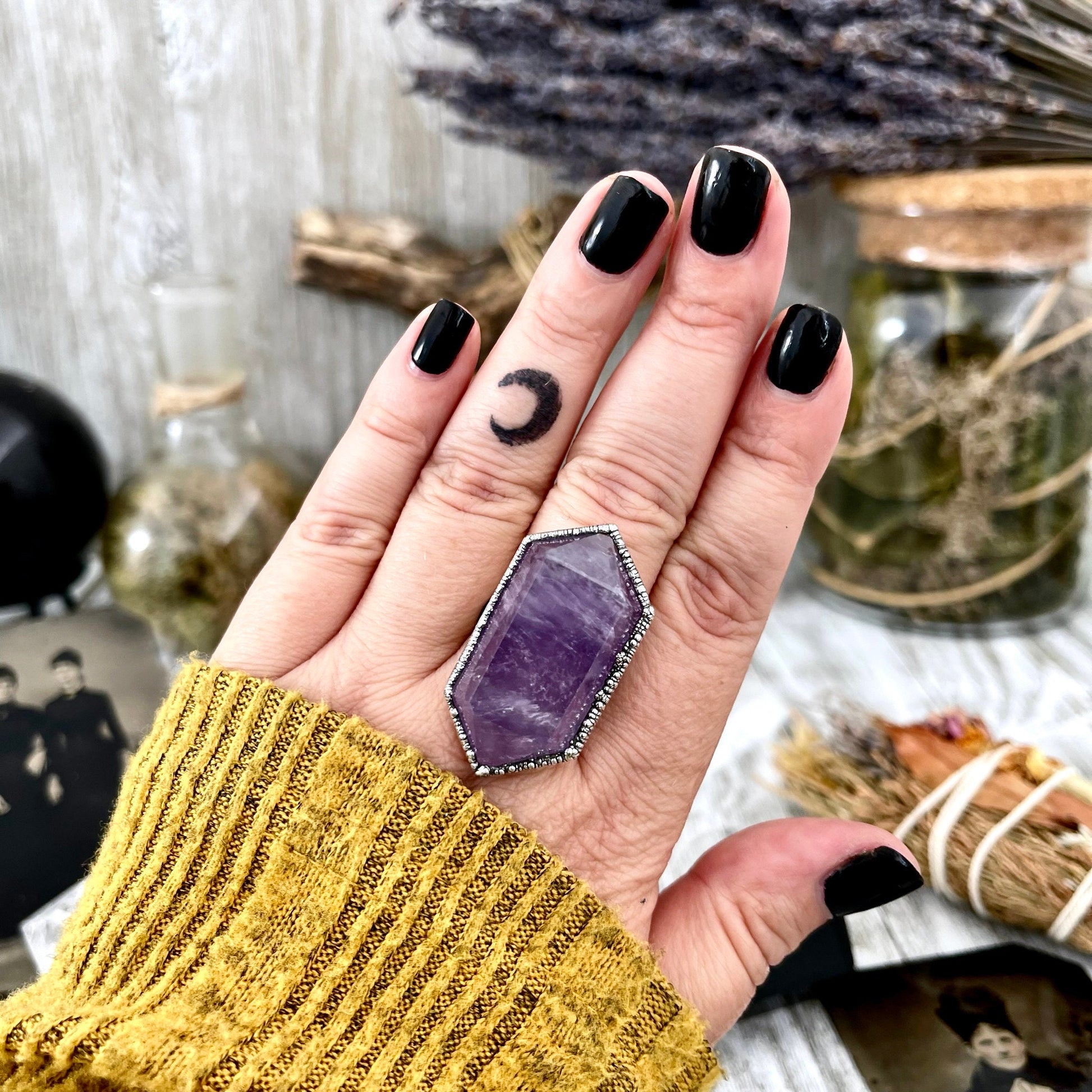 Size 8.5 Amethyst Point Ring Set in Fine Silver / Foxlark Collection - One of a Kind.