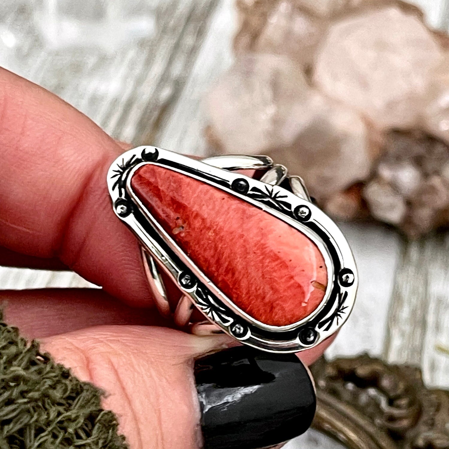 Size 9.5 Stunning Spiny Oyster Statement Ring Set in Sterling Silver / Curated by FOXLARK Collection - Foxlark Crystal Jewelry
