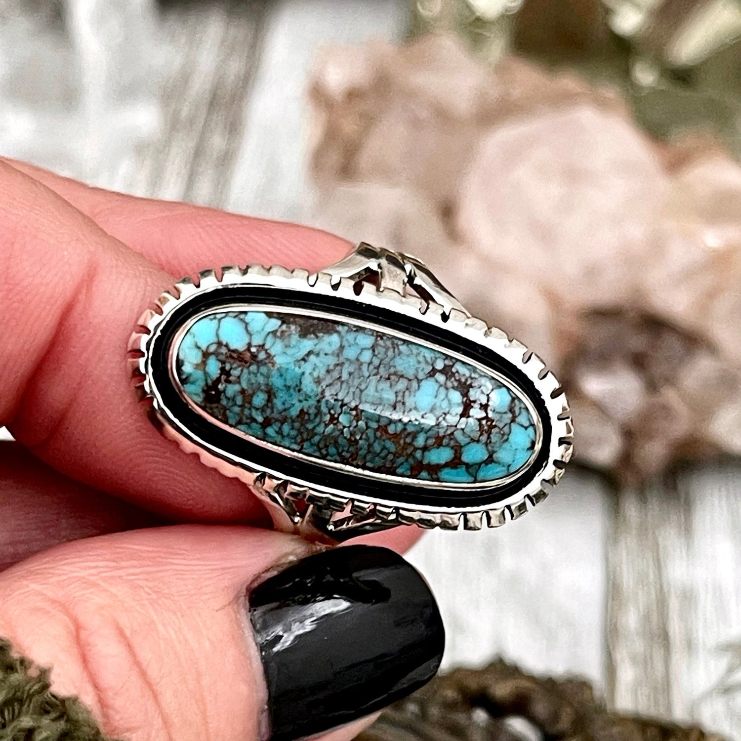 Size 9 Tibetan Turquoise Statement Ring Set in Sterling Silver  / Curated by FOXLARK Collection