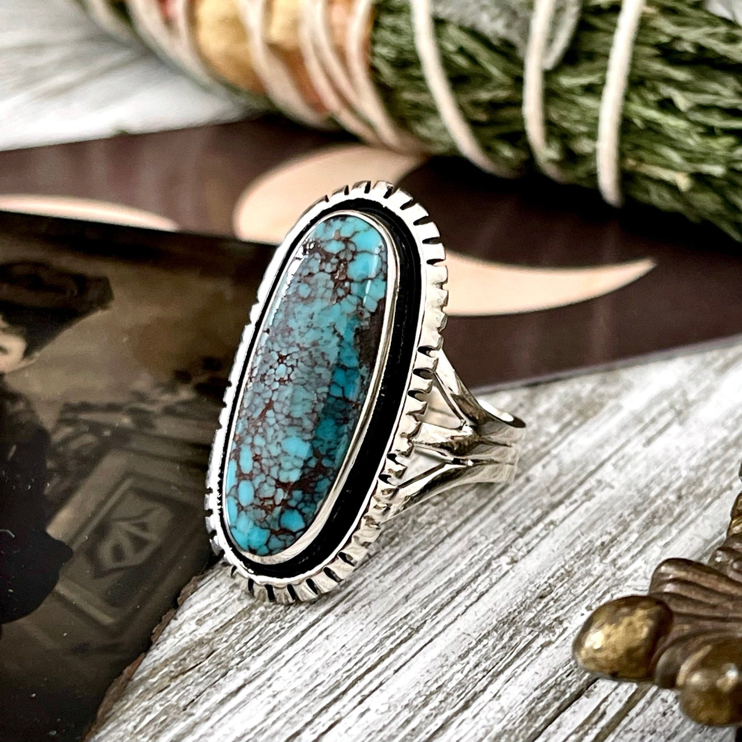 Size 9 Tibetan Turquoise Statement Ring Set in Sterling Silver  / Curated by FOXLARK Collection