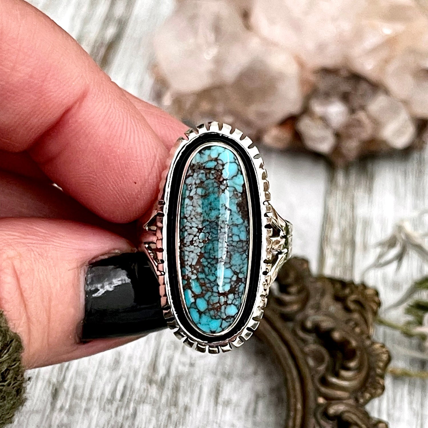Size 9 Tibetan Turquoise Statement Ring Set in Sterling Silver  / Curated by FOXLARK Collection