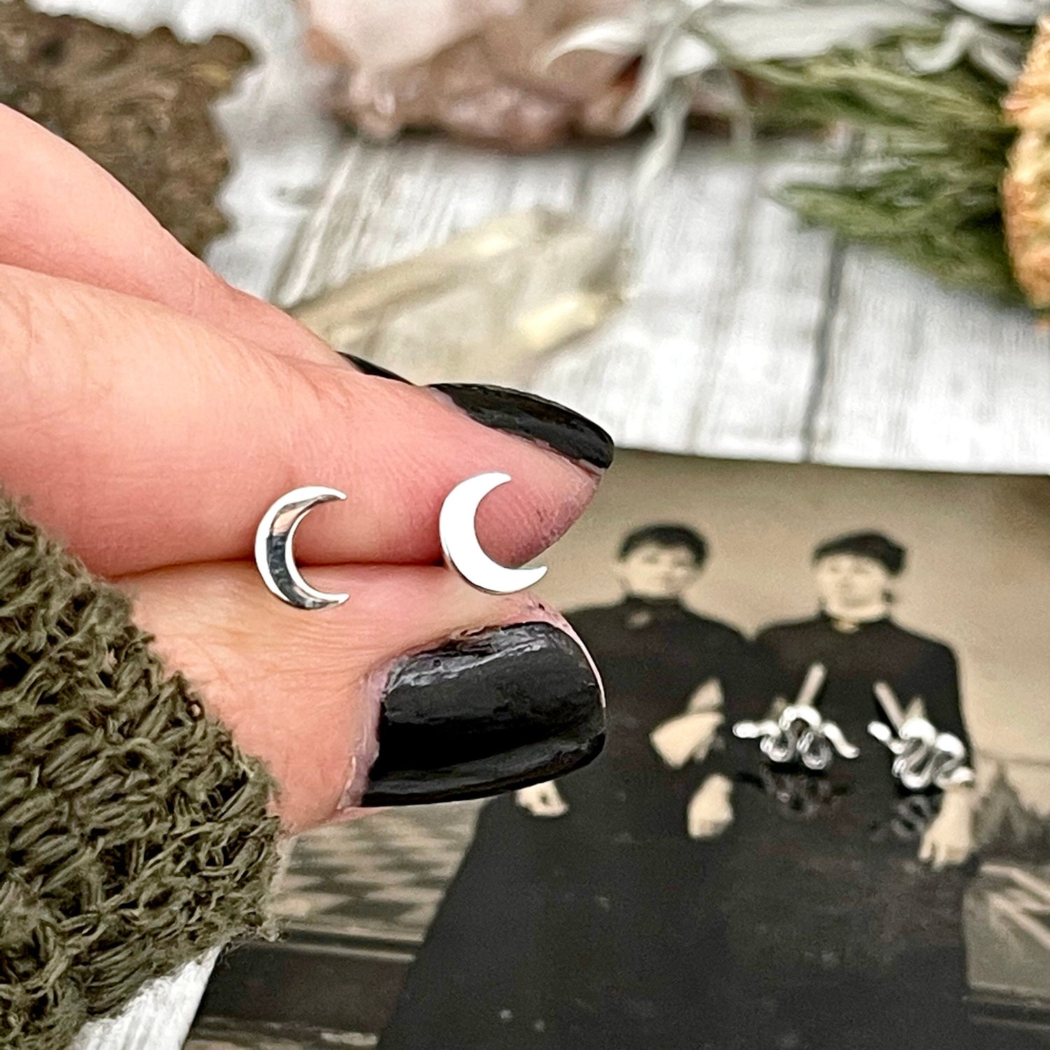 Tiny Crescent Moon and Snake Stud Earring Set / / Sterling Silver Stud Earrings / Witchy Jewelry Gothic Earrings Alternative Magic Punk Rock