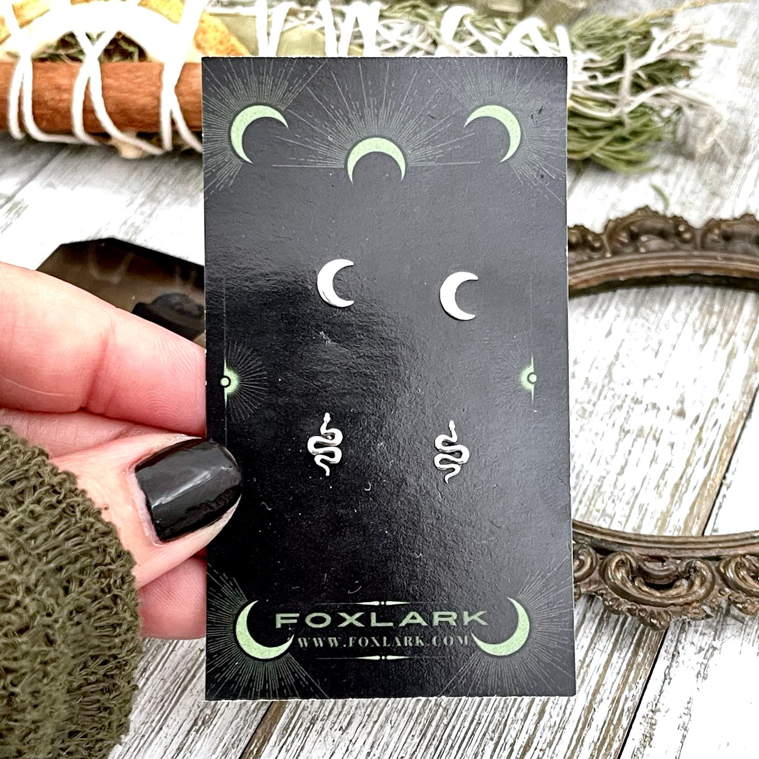 Tiny Crescent Moon and Snake Stud Earring Set / / Sterling Silver Stud Earrings / Witchy Jewelry Gothic Earrings Alternative Magic Punk Rock