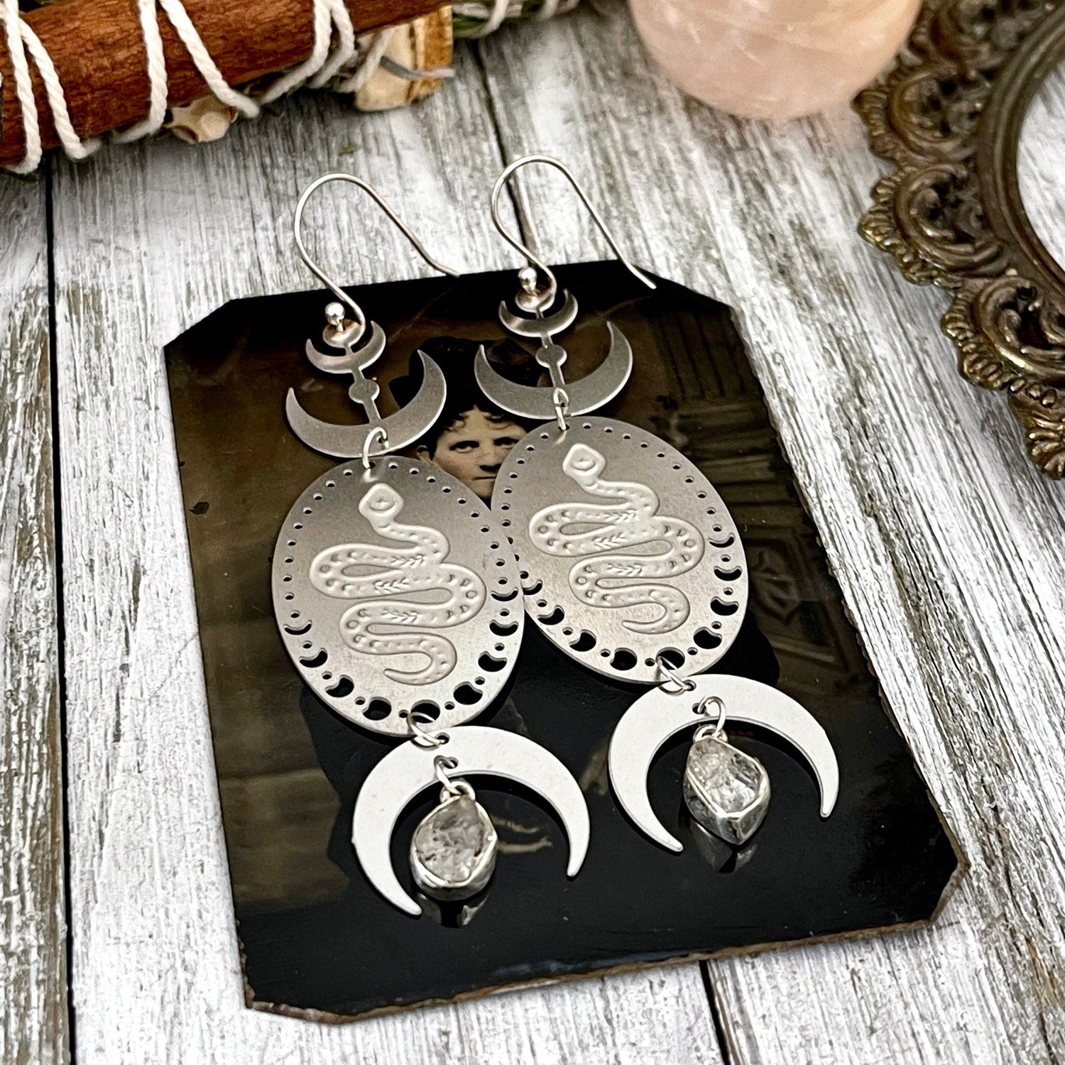Snake Crescent Moon and Clear Quartz Earrings Sterling Silver & Stainless Steel Earrings /
