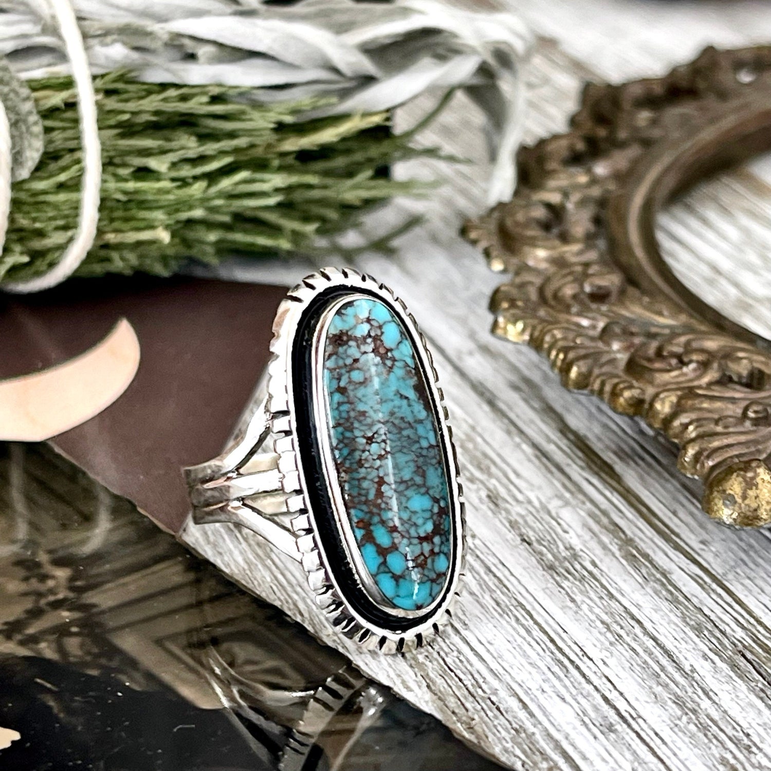 Size 9 Tibetan Turquoise Statement Ring Set in Sterling Silver  / Curated by FOXLARK Collection