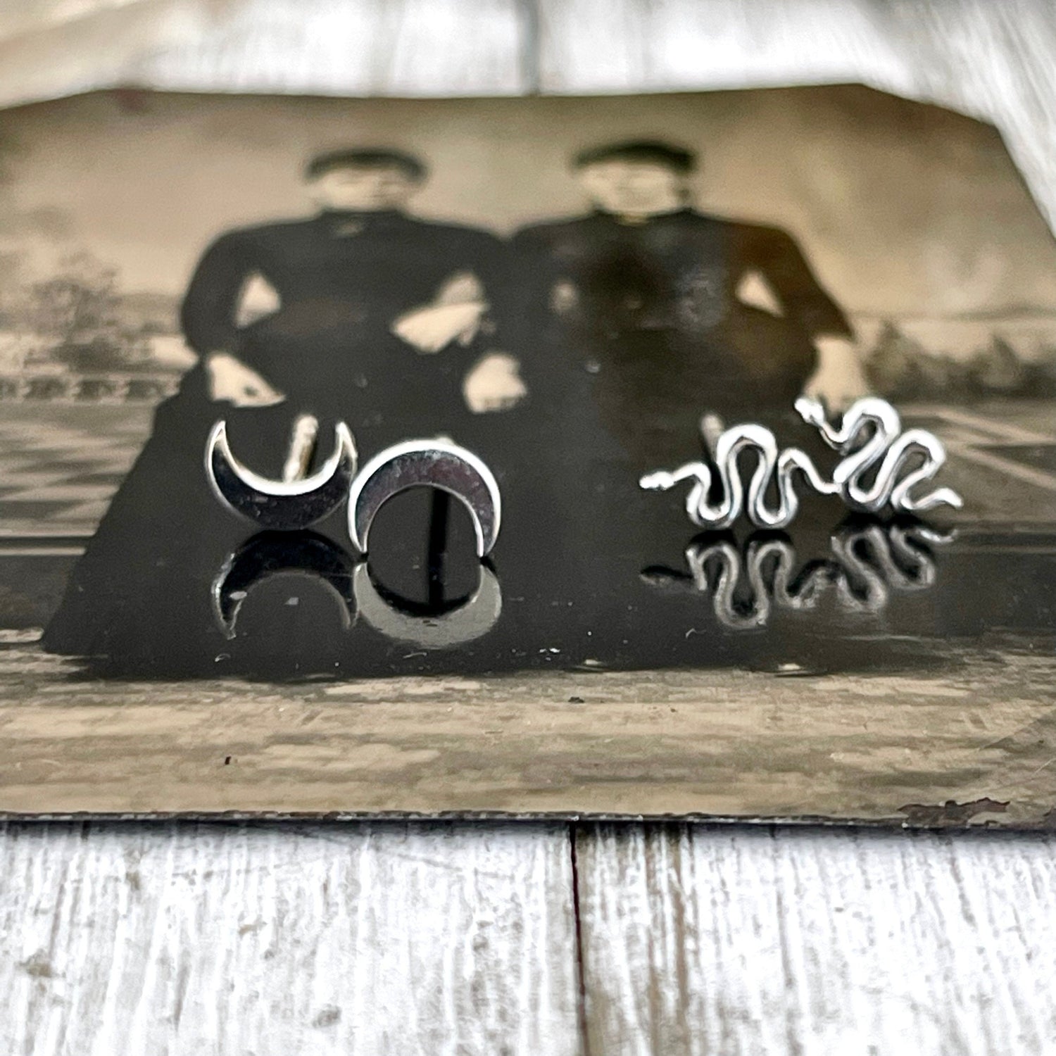 Tiny Crescent Moon and Snake Stud Earring Set / / Sterling Silver Stud Earrings / Witchy Jewelry Gothic Earrings Alternative Magic Punk Rock
