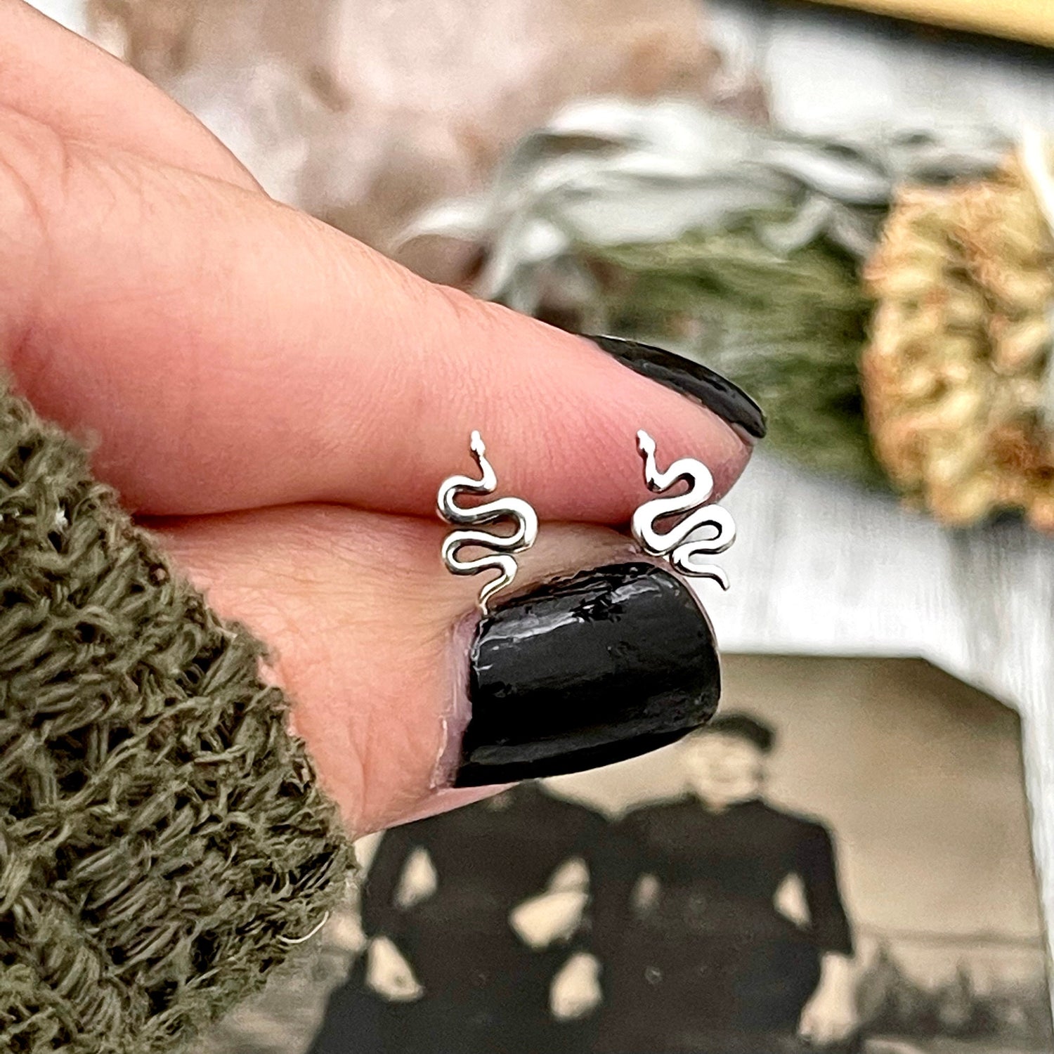 Tiny Crescent Moon and Snake Stud Earring Set / / Sterling Silver Stud Earrings / Witchy Jewelry Gothic Earrings Alternative Magic Punk Rock
