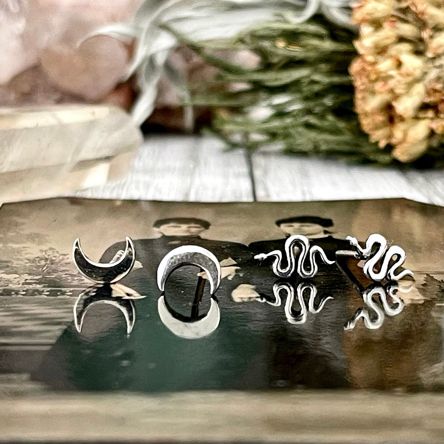 Tiny Crescent Moon and Snake Stud Earring Set / / Sterling Silver Stud Earrings / Witchy Jewelry Gothic Earrings Alternative Magic Punk Rock