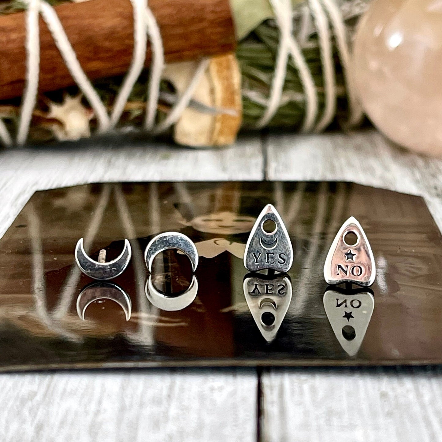 Crescent Moon and Planchette Stud Earring Set / Sterling Silver 