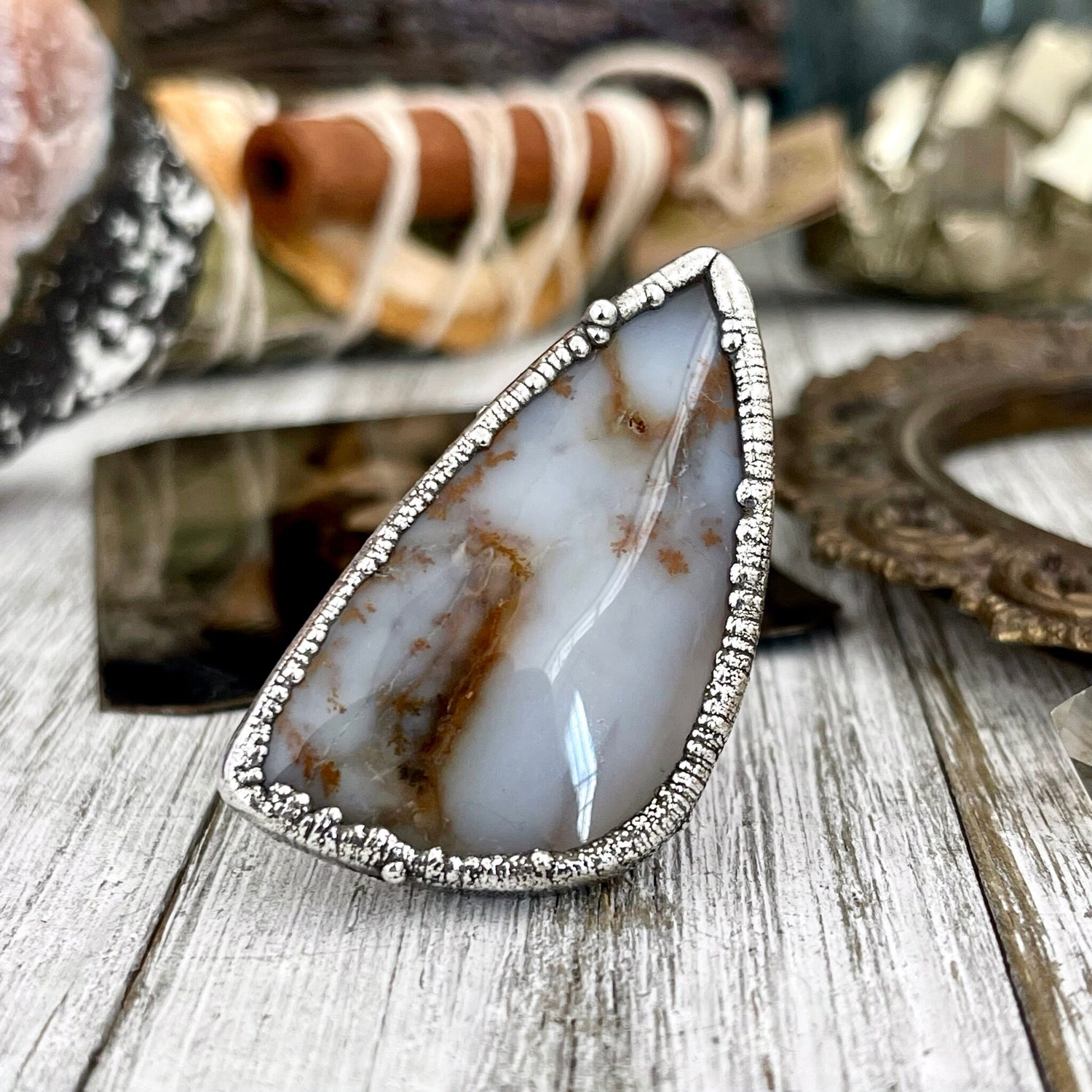 Size 8 Silver Montana Moss Agate Statement Ring / Large Crystal Bohemian Dendritic Agate Ring