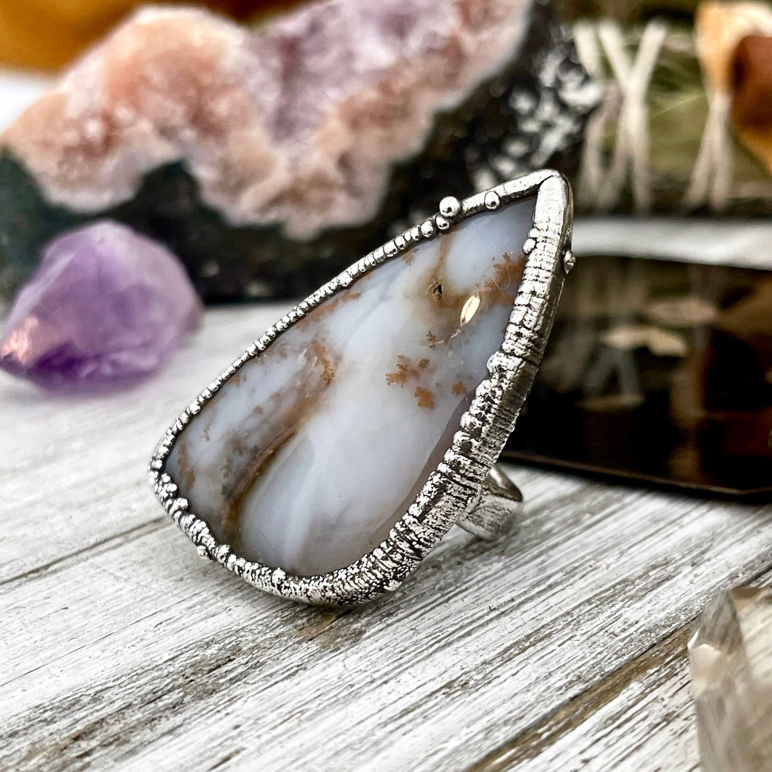 Size 8 Silver Montana Moss Agate Statement Ring / Large Crystal Bohemian Dendritic Agate Ring