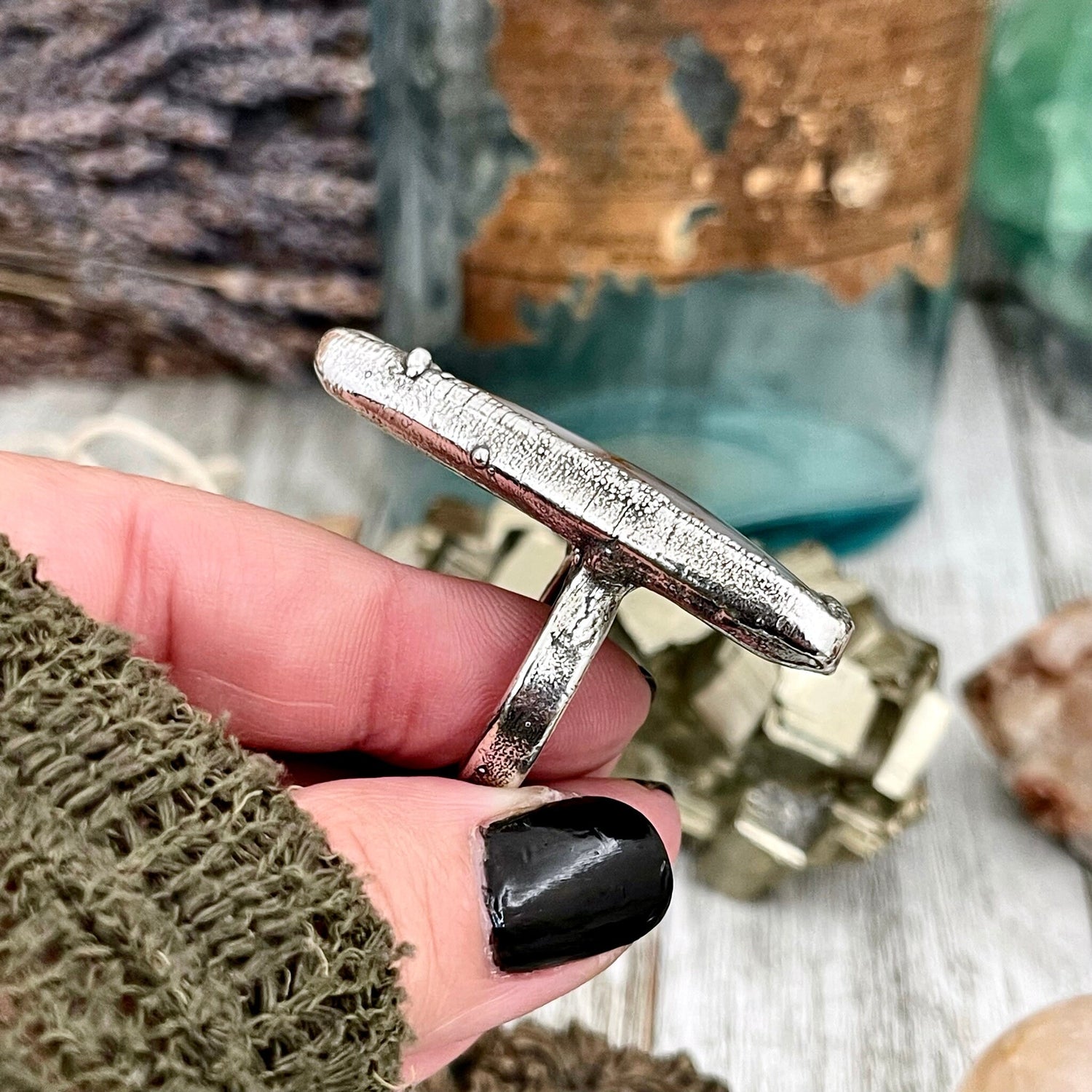 Size 8 Silver Montana Moss Agate Statement Ring / Large Crystal Bohemian Dendritic Agate Ring
