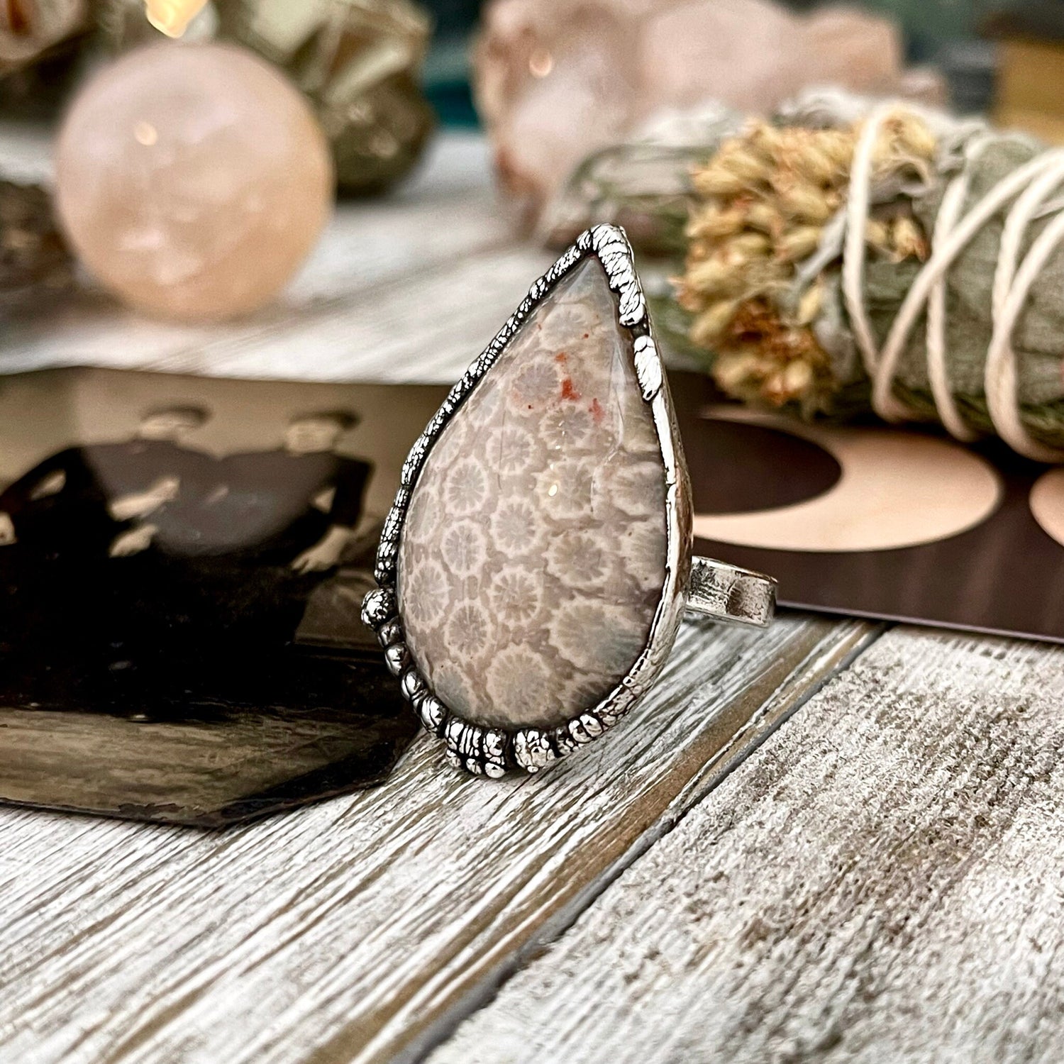 Size 10.5 Fossilized Coral Silver Statement Ring in Fine Silver / Foxlark Collection - One of a Kind