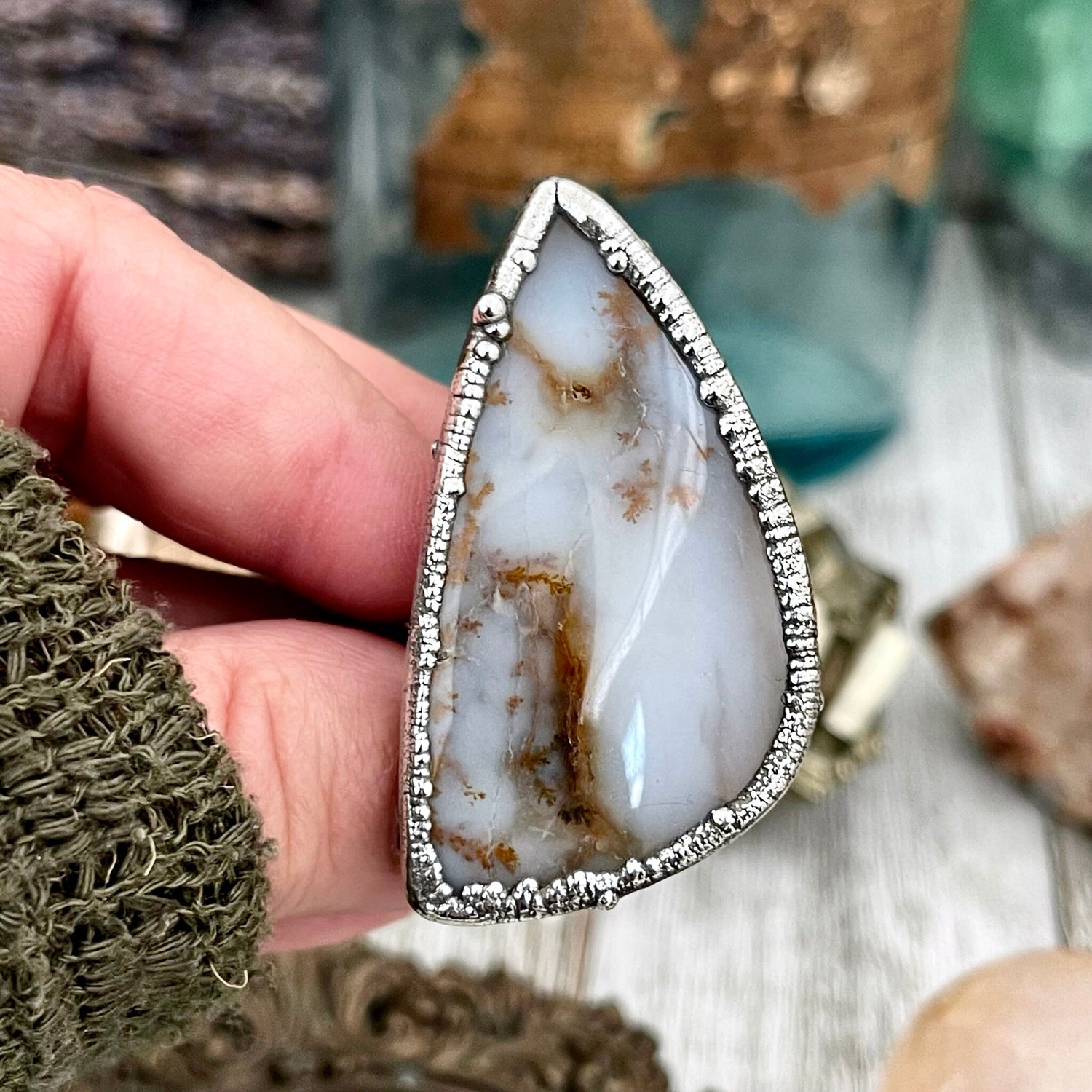 Size 8 Silver Montana Moss Agate Statement Ring / Large Crystal Bohemian Dendritic Agate Ring