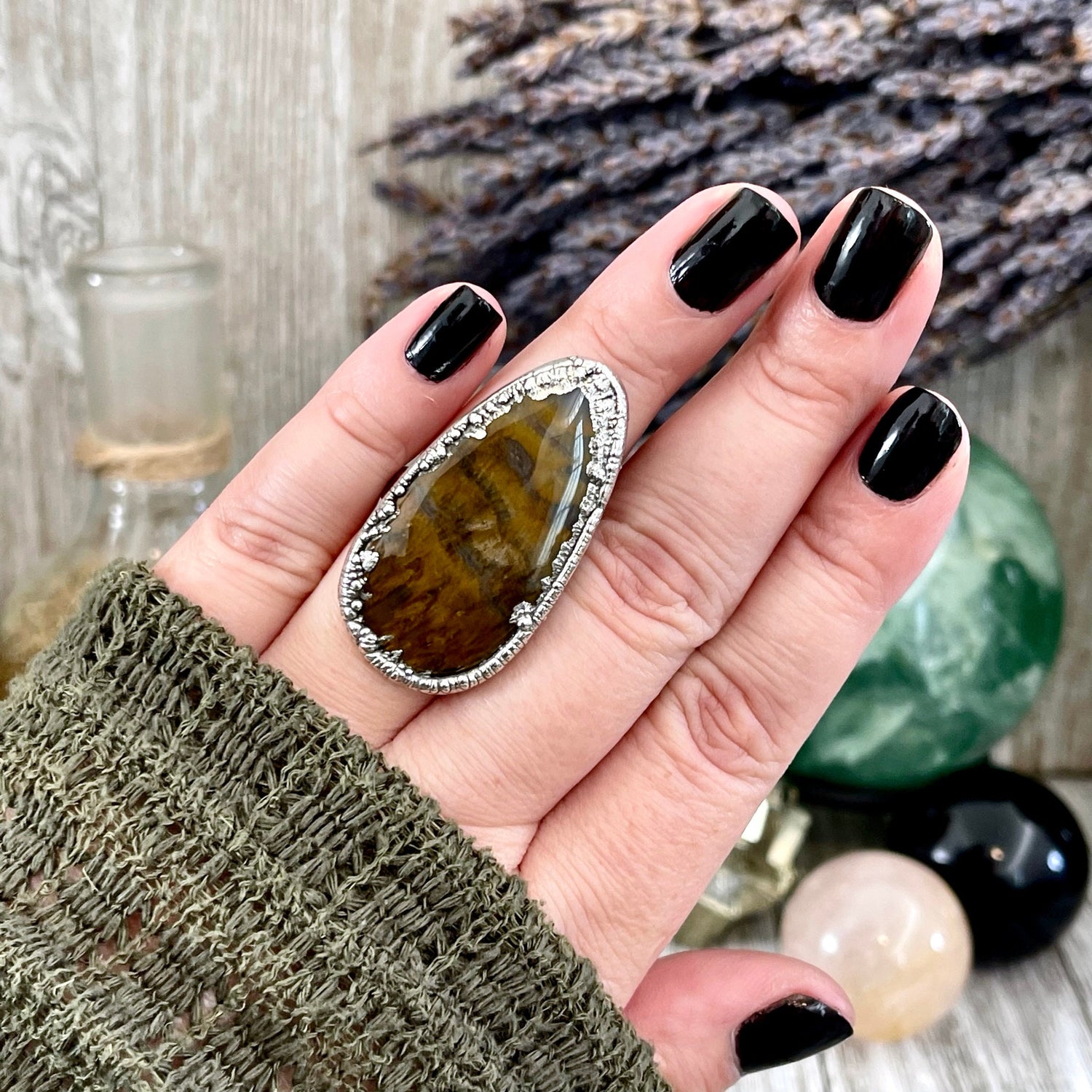 Size 7 Lion Skin Quartz Large Crystal Statement Ring in Fine Silver / Foxlark Collection - One of a Kind / Big Crystal Ring Witchy Jewelry
